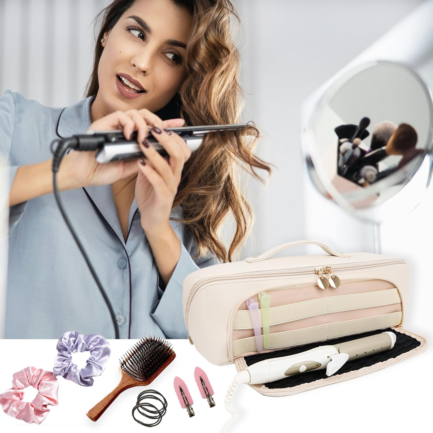 Linpr Hot Hair Tools Travel Bag with Heat Resistant Silicone Mat, Women Travel Essentials Organizer Case for Straighteners, Curling Irons, Hot Air Brushes, Hair Dryer Storage Bags 2 in 1 (White) image number 1