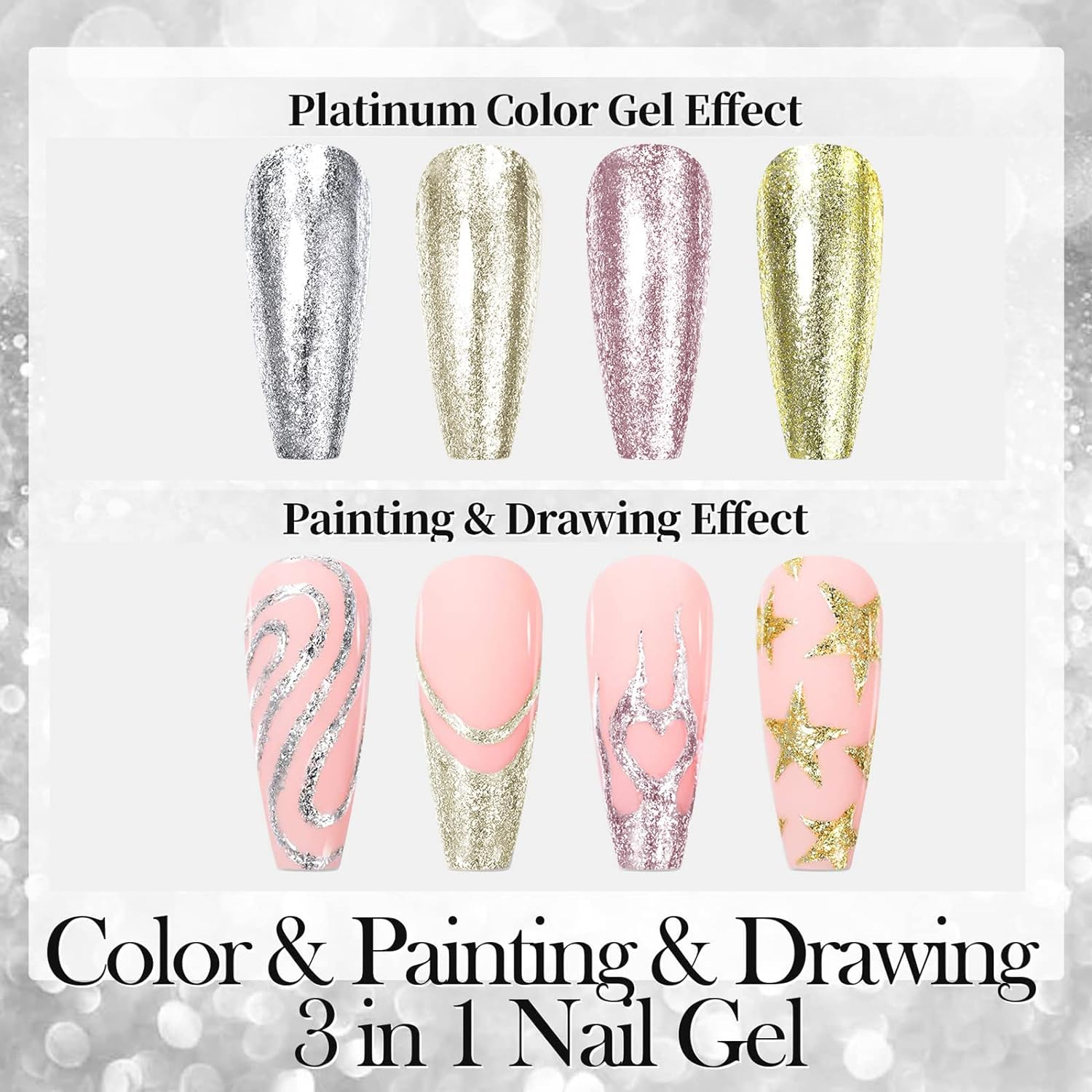 VERONNI Glitter Gel Nail Polish Chrome Platinum Glitter Gel Nail Polish Set, Sparkly Shiny Silver Gold Pink Champagne 4 Colors Nail Art Painting Drawing Home DIY Manicure Nail Salon image number 3