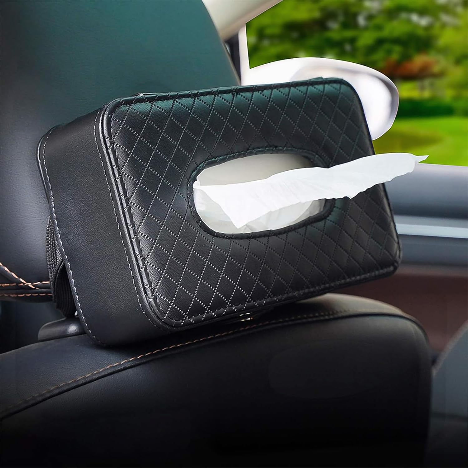 Classic Black PU Leather Car Tissue Holder, Rectangular Wipes Dispenser for Universal Auto, SUV, Model 3, Model Y image number 2
