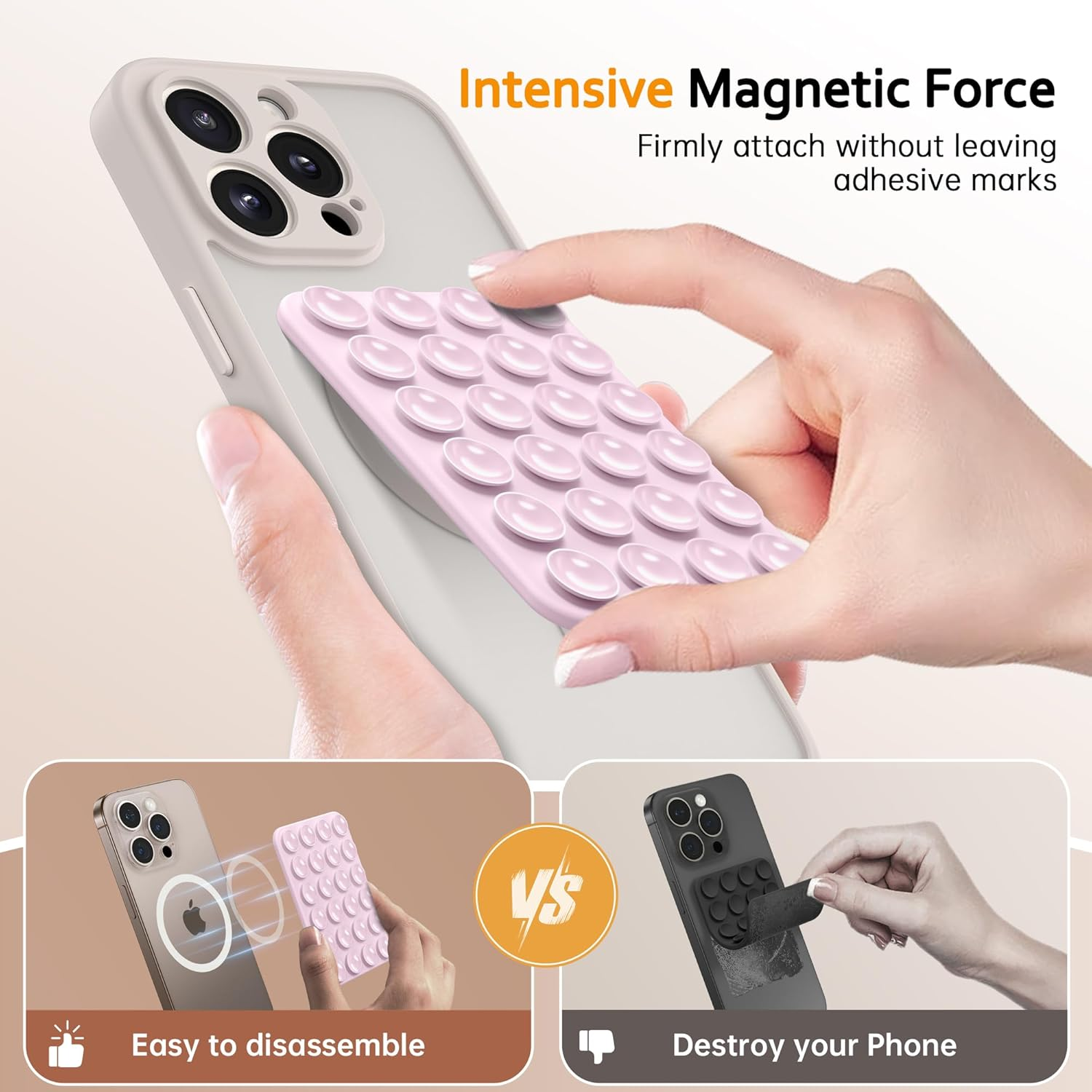GONEZ Magnetic Suction Cup Phone Mount for Magsafe Case, Removable Silicone Sticky Grip for Iphone 12/13/14/15/16, Hands-Free Selfies and Videos for Tiktok & Instagram Influencer/Creator, Pastel Pink - Black image number 3