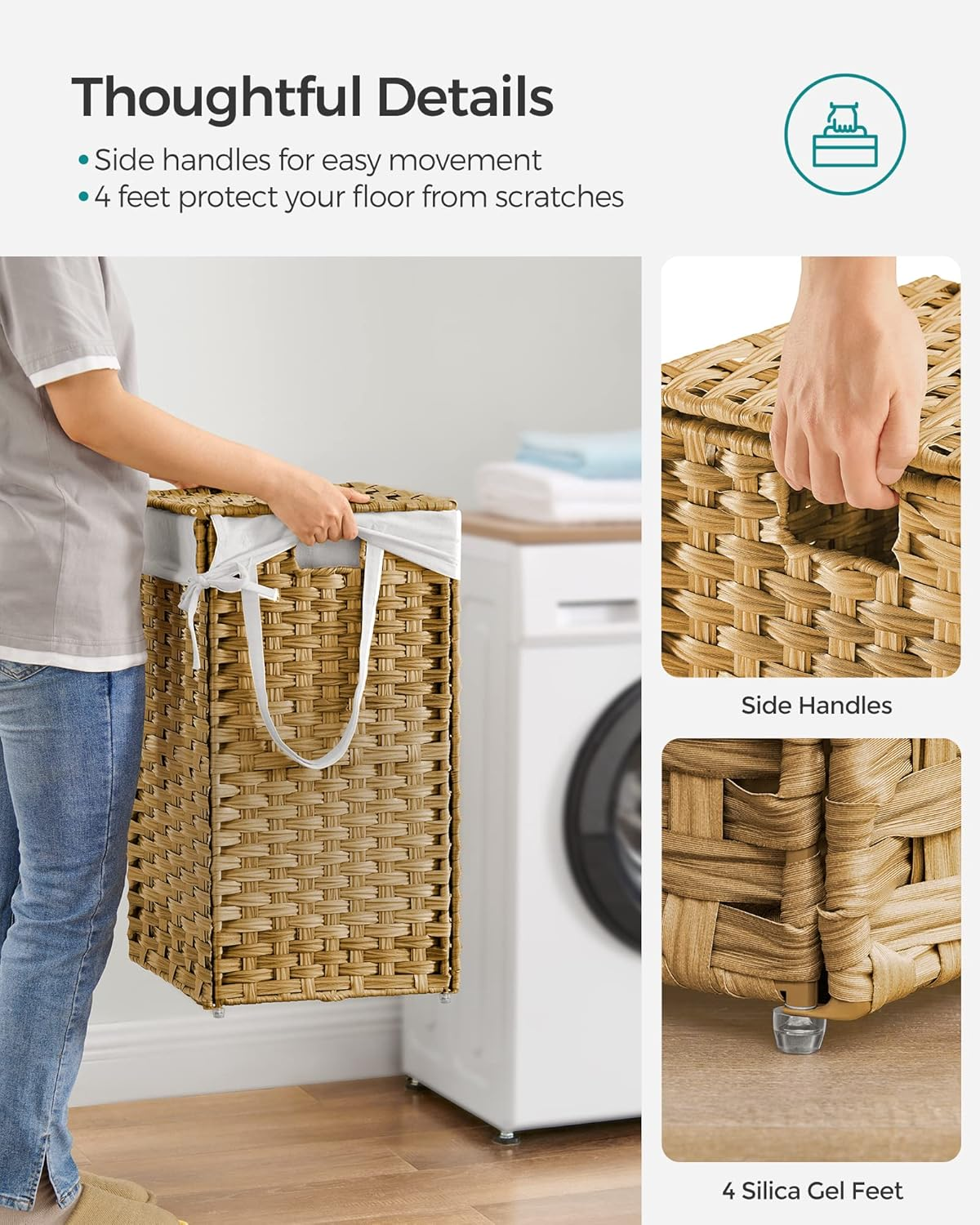 SONGMICS Laundry Hamper with Lid, 17.2 Gallon (65L) Synthetic Rattan Clothes Laundry Basket with Lid and Handles, Foldable, Removable Liner, Natural ULCB165N01 - Natural image number 4