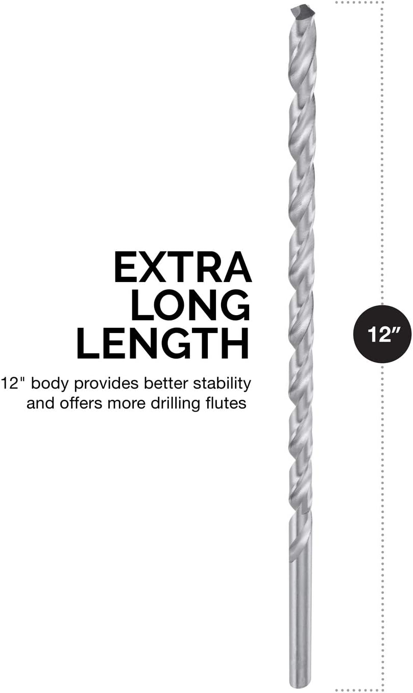 NEIKO 10047A Extra Long Drill Bit Set | 5-Piece | M2 HSS Steel | 12-Inch Length | 1/8, 3/16, 1/4, 5/16, and 3/8-Inch