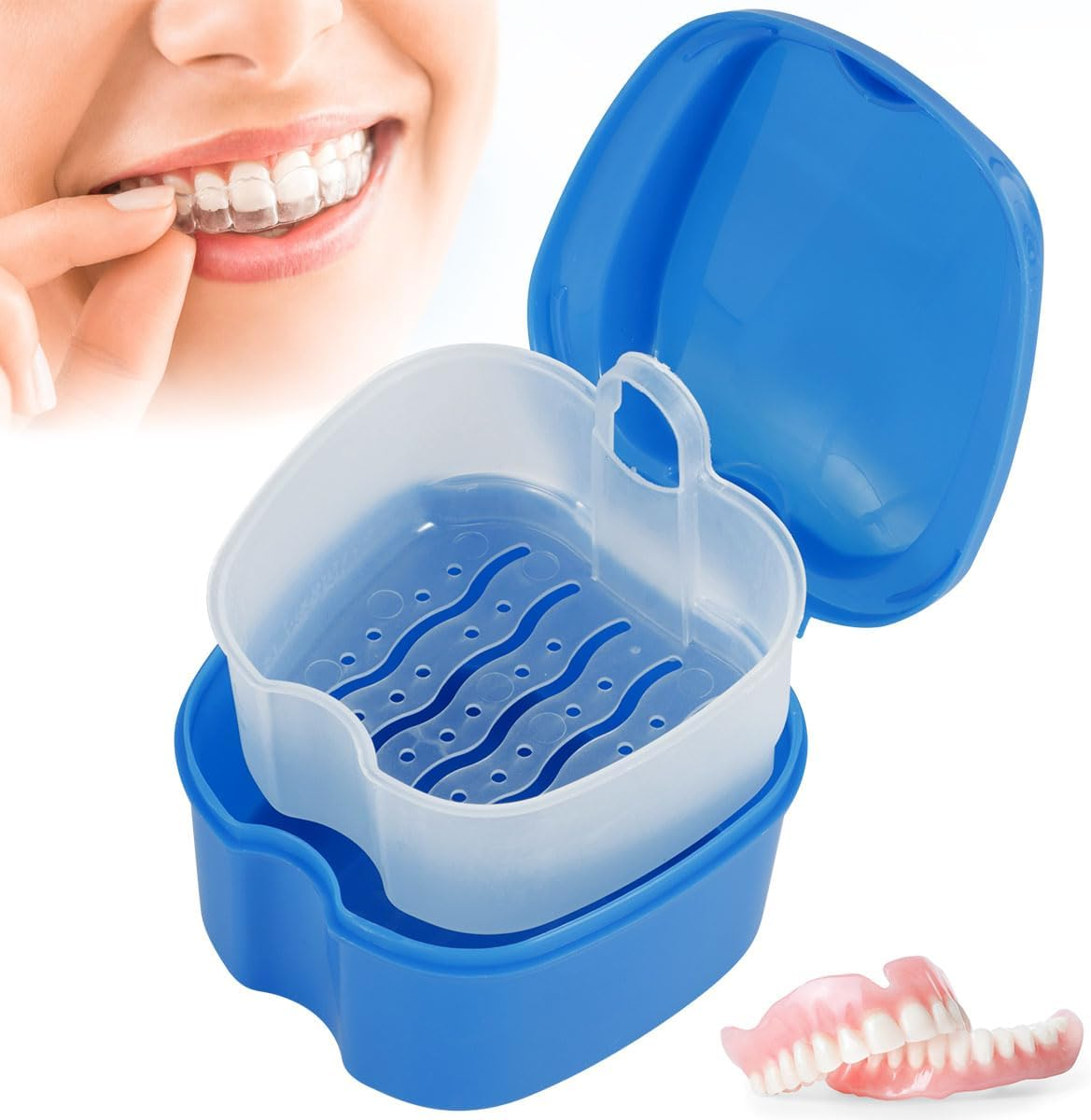 Abizarch Denture Case Denture Bath Box False Teeth Storage Box with Rinsing Basket Portable False Teeth Storage Case Orthodontic Dental Retainer Box for False Teeth Storage Soaking Cleaning(Navy Blue) - Wathet image number 7
