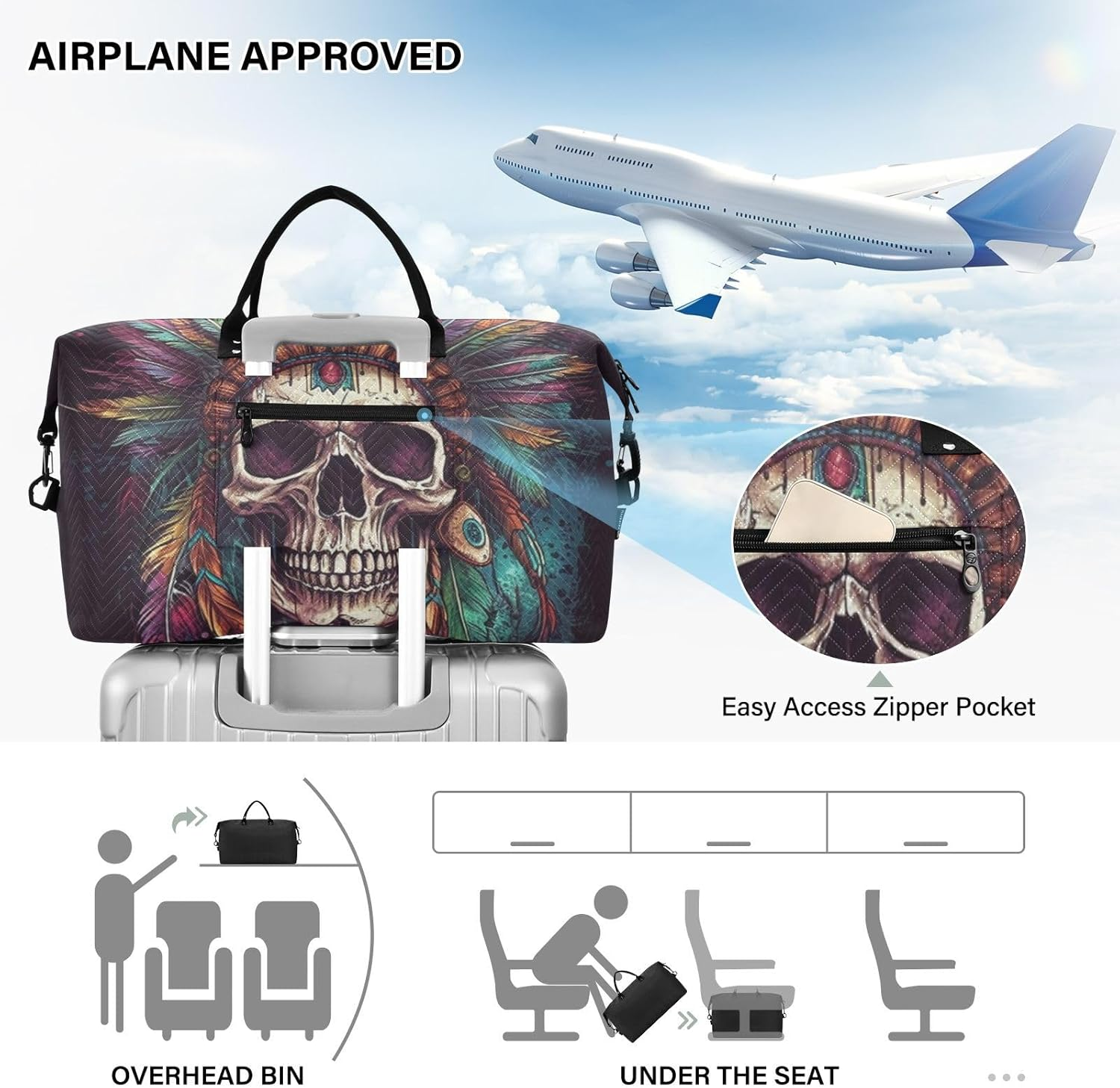 WOIWB Duffel Bag Set with Toiletry Bag for Travel Gym Sport, Luggage Sleeve Weekender Bag Carry on Overnight Bag-Skull with Feathers Print, Multicolor, 20.5 X 7.9 X 13.8 Inches+9.1 X 3.5 X 5.9 Inches image number 1