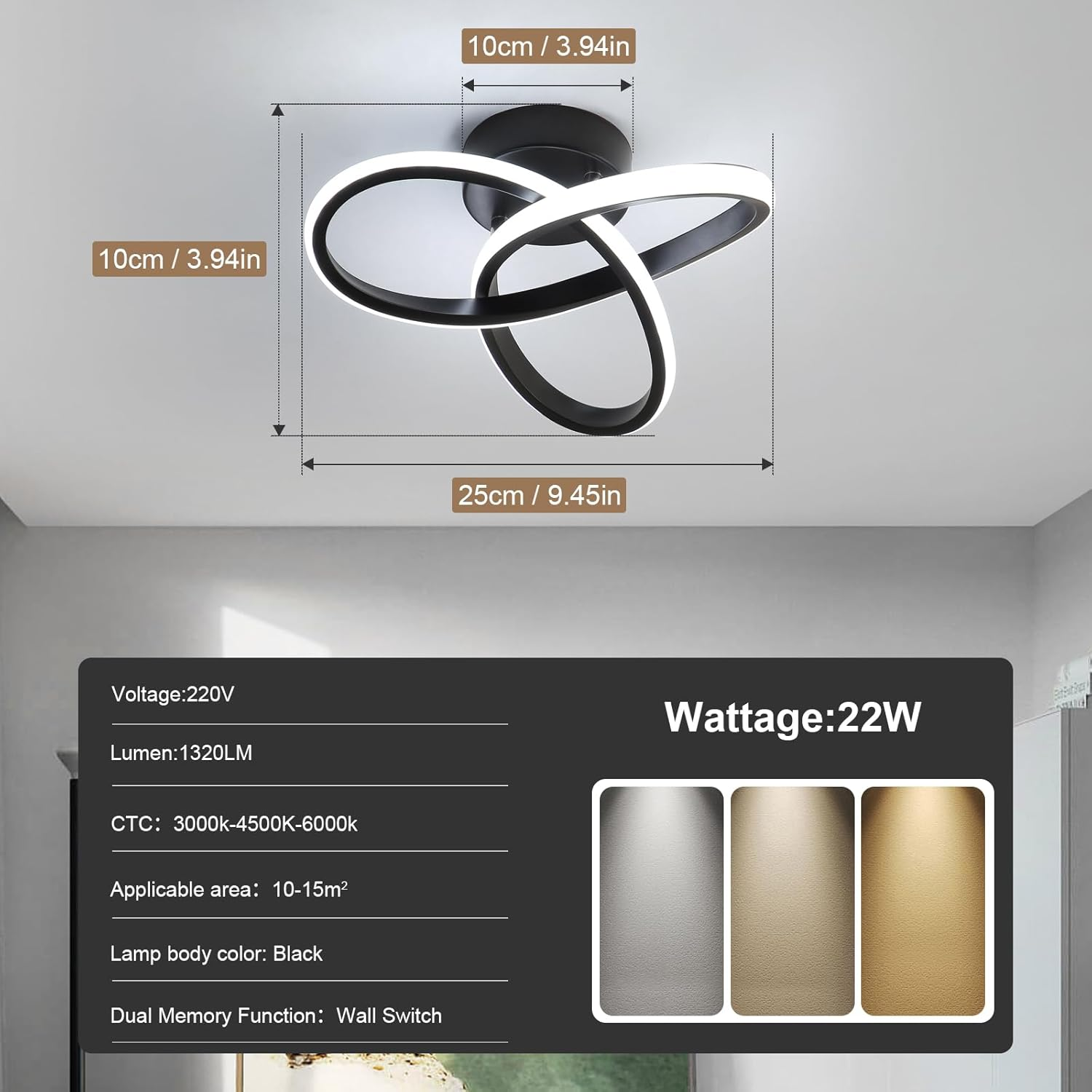 Comely Modern Square LED Ceiling Light 25 X 25 Cm Black Aluminium, 22 W, 1320LM, Warm/Neutral/Cold White Light 3000K-4500K-6500K, Ceiling Lighting for Living Room, Bedroom, Kitchen image number 6