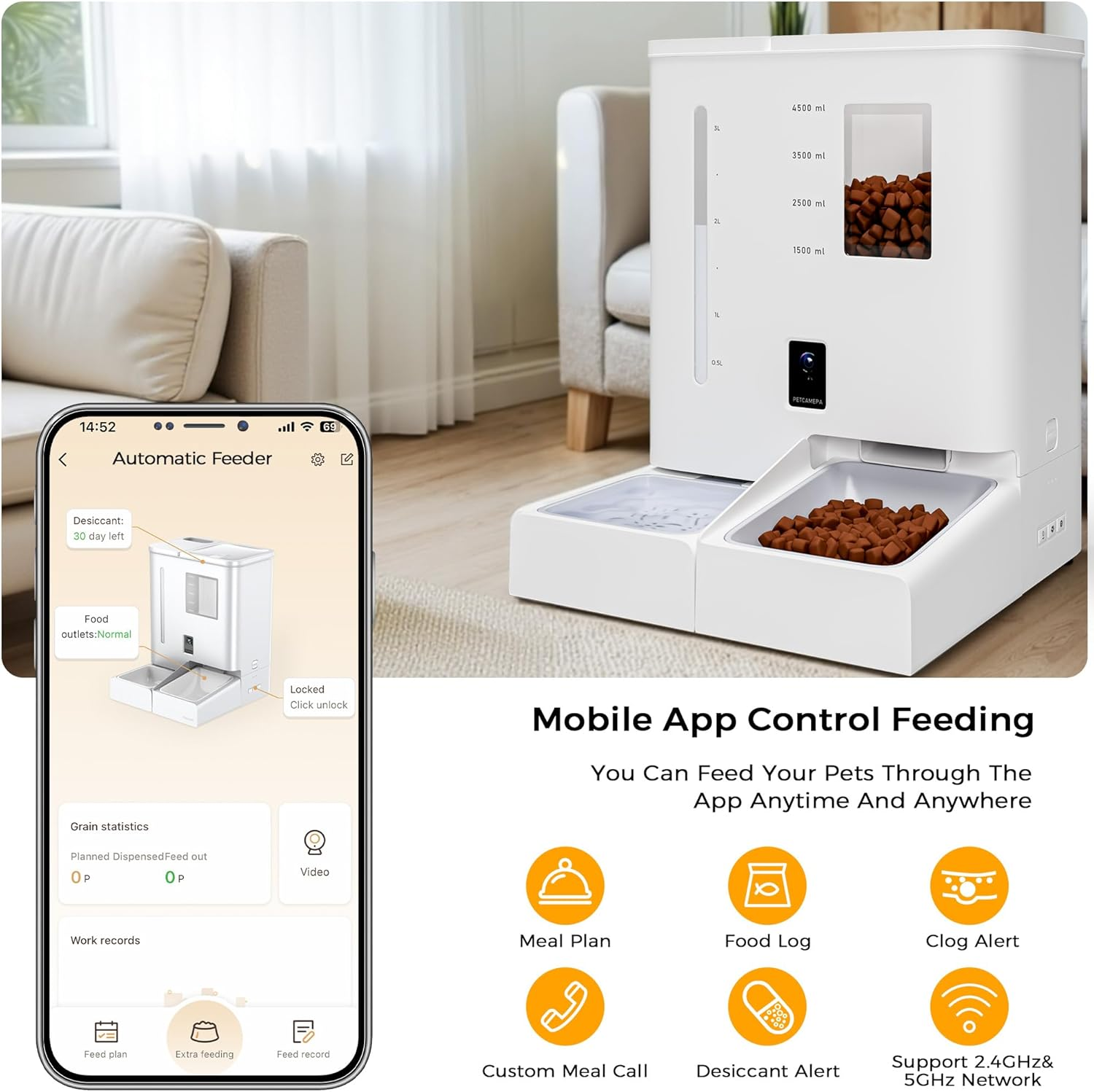 Advwin 2-In-1 Automatic Cat Feeder Waterer Set, 5G/2.4G Wifi Camera Pet Feeder with 2K HD Video and Night Vision, APP Control, Large Capacity Feeder for Cats and Small Dogs image number 4