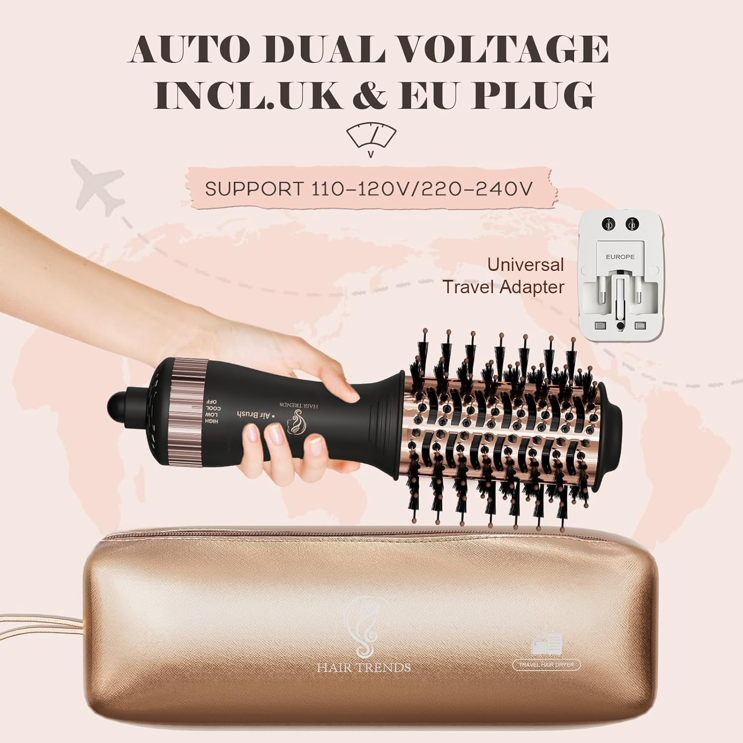 Dual Voltage Hair Dryer Travel Hair Brush , Hair Curler Small Hair Straightener Brush with European Plug Adapter for International Travel, 5 in 1 Hot Air Styler & Dryer for Drying Straightening Curl Brush image number 6