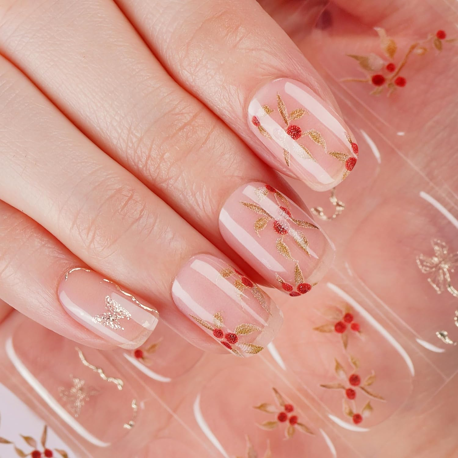 DANNI & TONI Semi-Cured Gel Nail Foils (Blossom) Butterfly Gold Leaf Red Beans Shiny Nail Set UV Gel Nail Foil Nail Design Self-Adhesive Wraps 28 Stickers image number 4