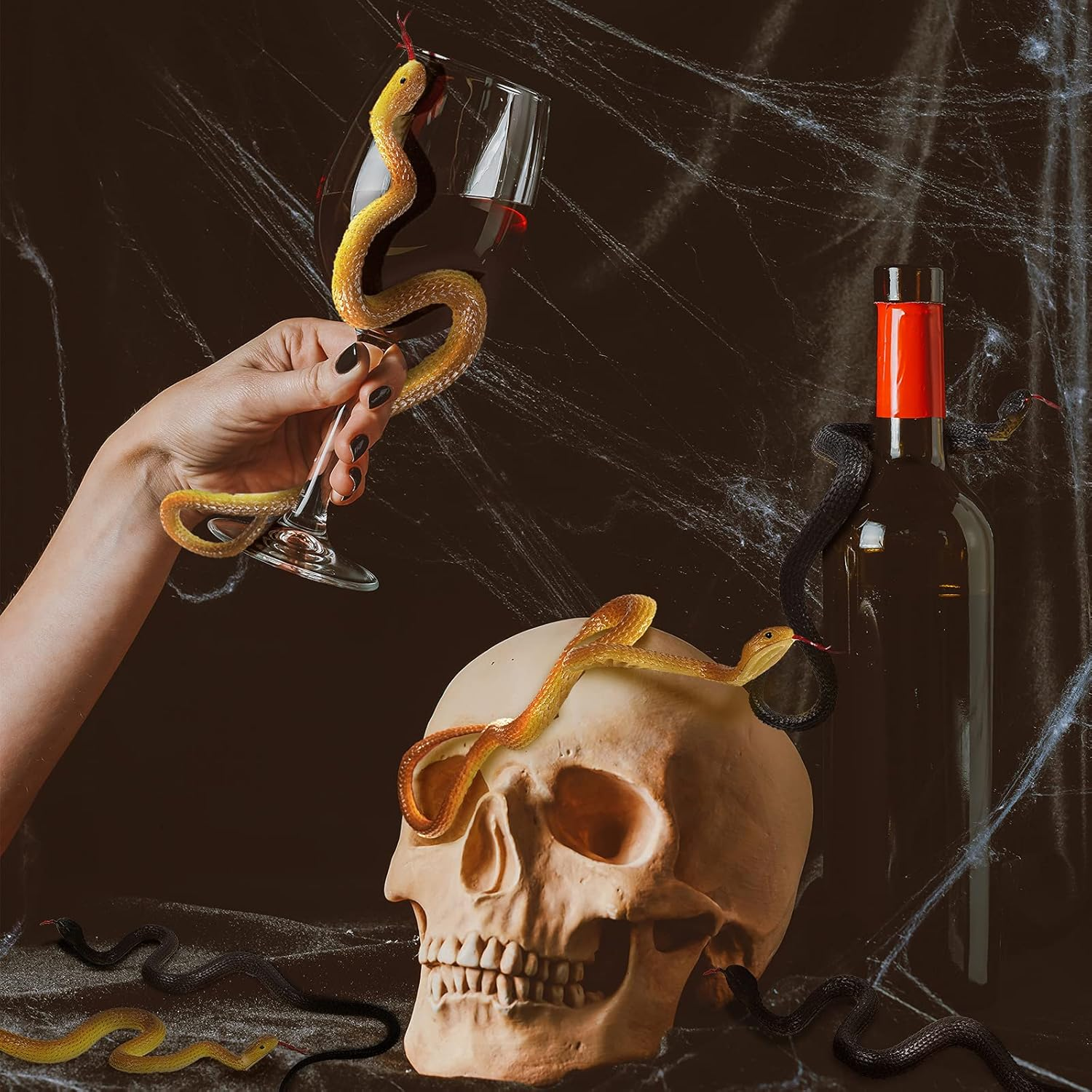 Skylety 15 Pieces Rubber Snakes Realistic Snake 17. 7 Inch Fake Plastic Snake Props for Garden Props to Keep Birds Away, Pranks, Halloween Decoration(Yellow, Black) image number 4