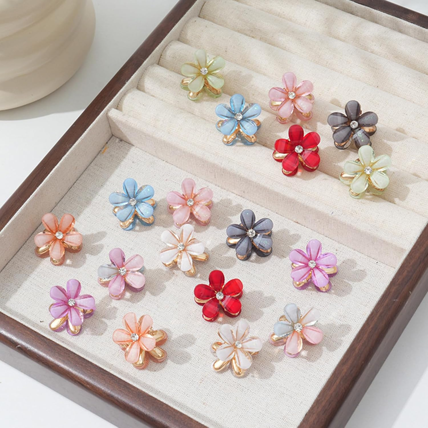 FISH DRAGATE Pack of 18 Flower Hair Clips, Small Flower Hair Clip, 9 Colours Flower Hair Clip, Flower Accessories, Flower Hair Clip, Mini Diamond Hair Clips for Girls, Women, Wedding, Party image number 1