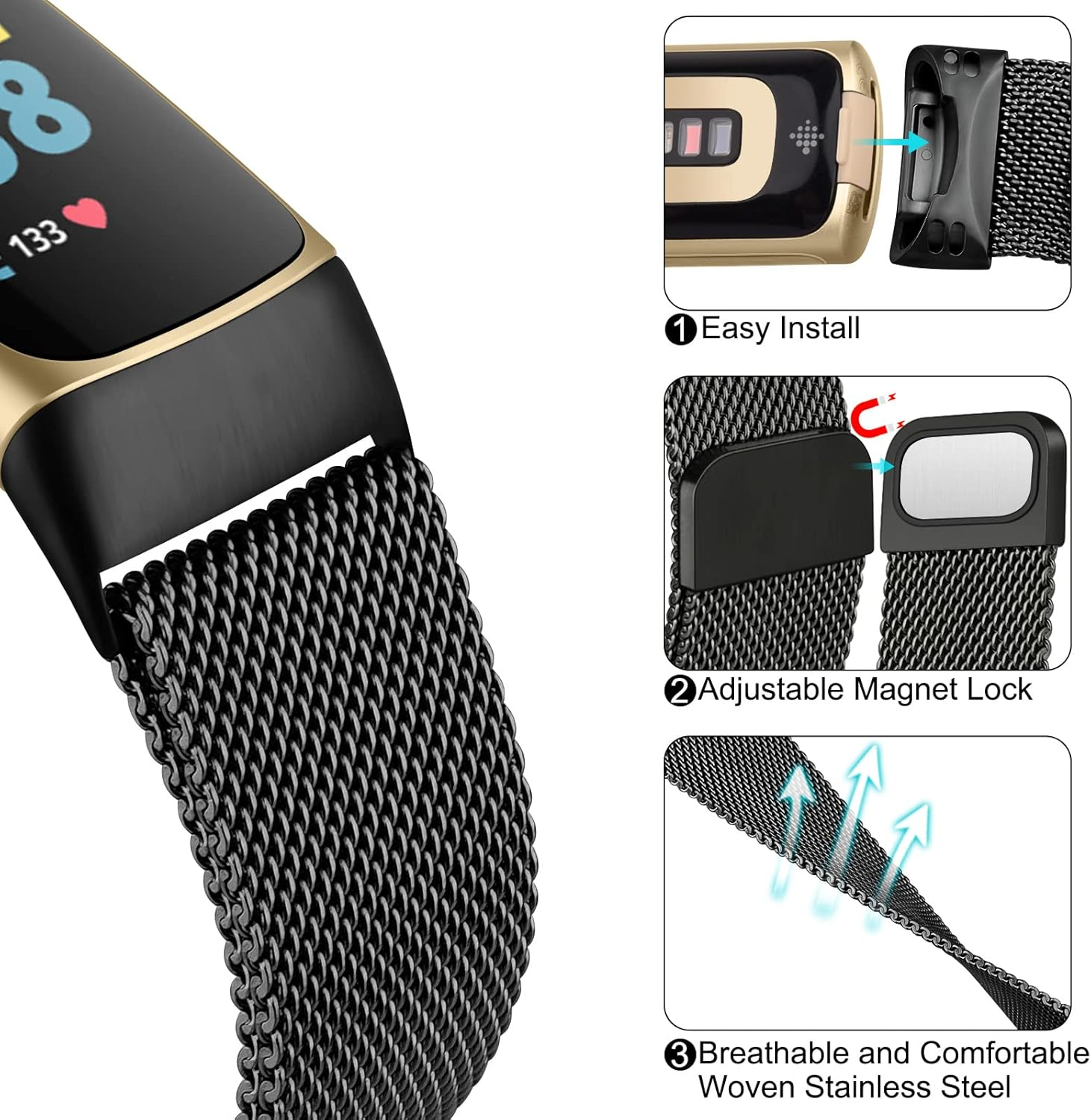 Meliya Metal Band for Fitbit Charge 6 Bands Women Men, Stainless Steel Mesh Loop Replacement Bracelet Strap for Fitbit Charge 6 Fitness Tracker image number 3