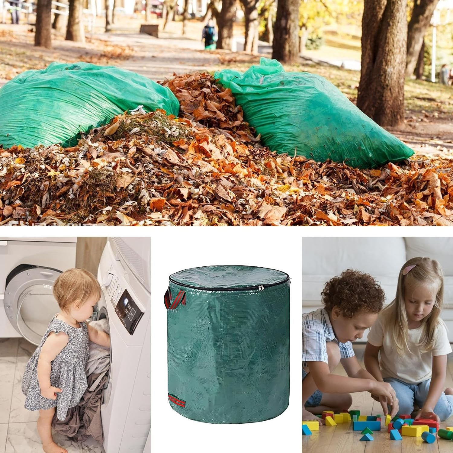 Qkbuza Garden Bag for Leaves | Heavy Duty Stand up Yard Waste Bin,Foldable Garbage Can Bin with Reinforced Handles for Basement, Moving, Cleanup - 32 Gallon image number 4