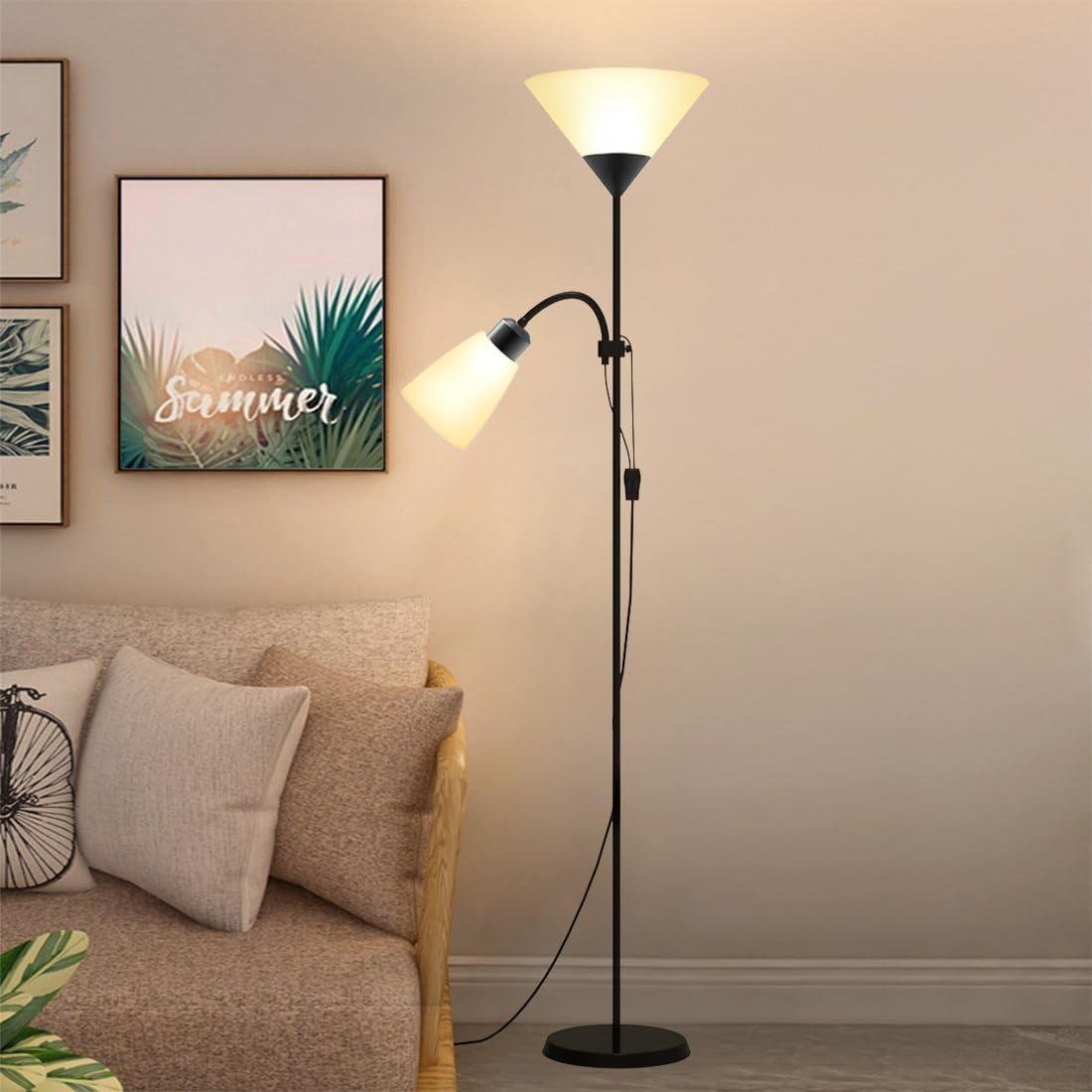 Sumkyle Floor Lamp with Double Lights, Vertical Ground Lamp with Adjustable Reading Light, Standing Light for Living Room, Bedroom, Office (Black)