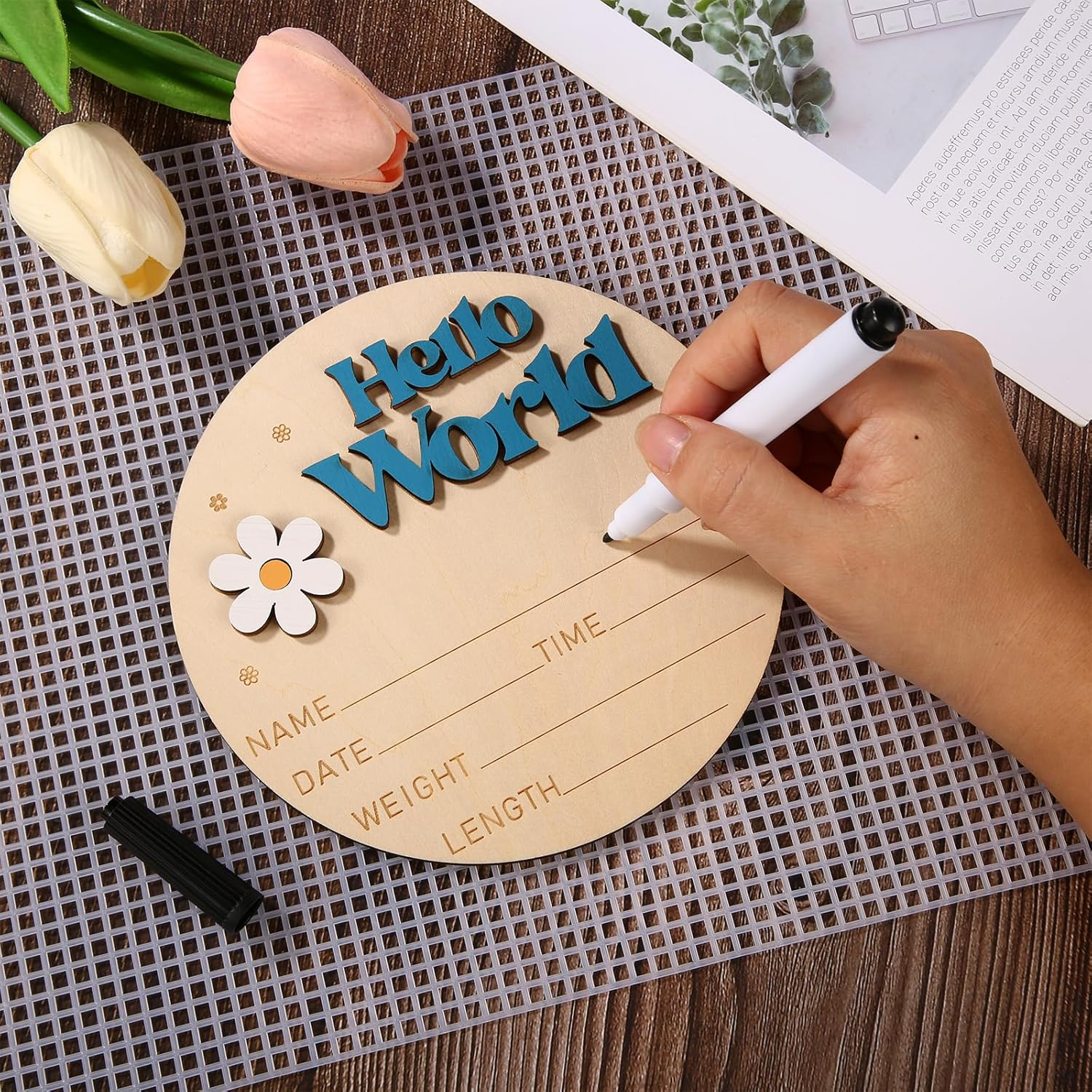 Baby Announcement Sign, 5.9 Inch Wooden Hello World Sign Gender Reveal Birth Announcement Board Newborn Welcome Sign Baby Name Plaques Gifts for Photo Prop Nursery Hospital Girl Boy(Blue) image number 6