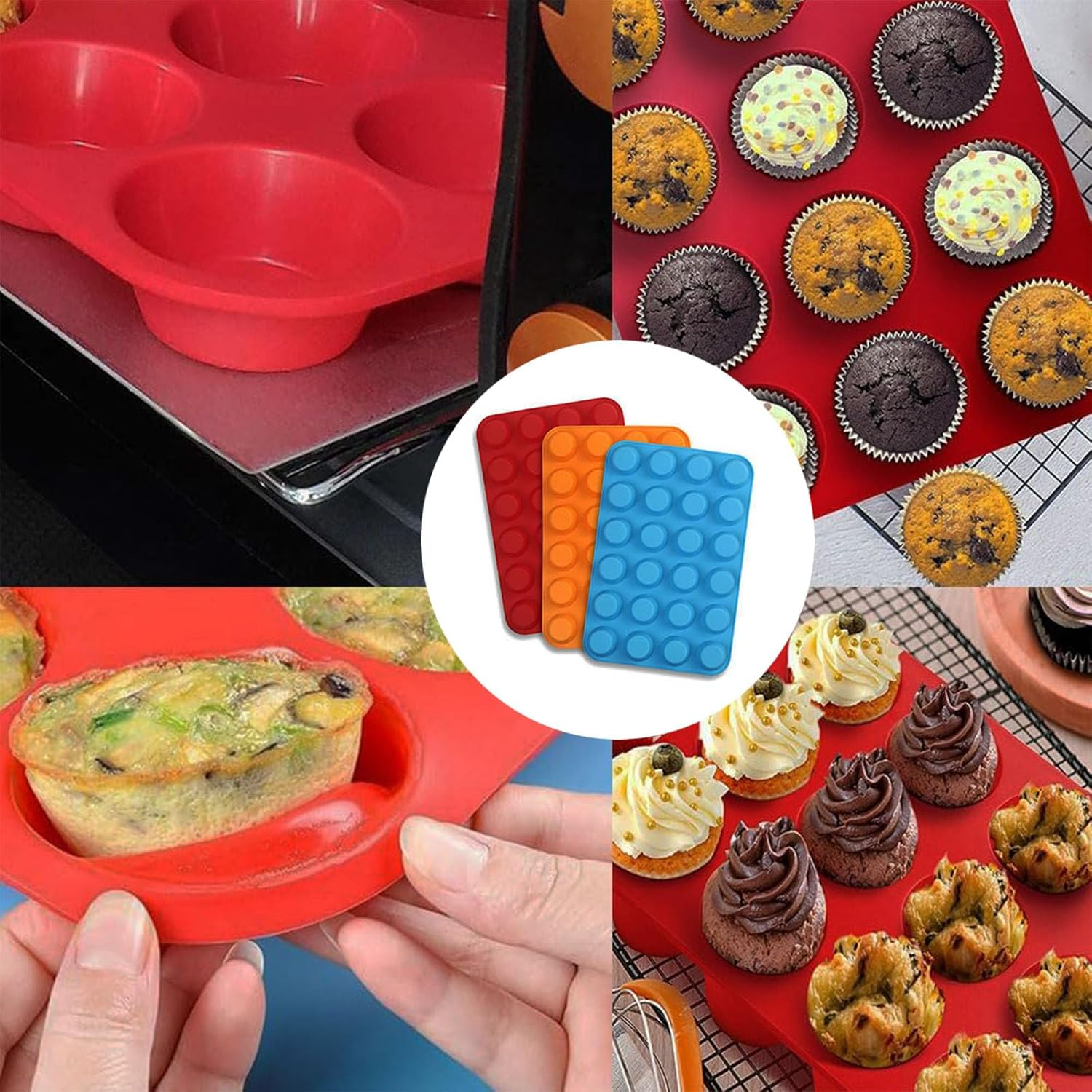 Silicone Muffin Pan Mini 24 Cups Cupcake Pan,Non-Stick BPA Free Muffin Pan Cupcake Bakeware Baking Mould Great for Making Muffin Cakes, Tart, Easy-Release Non-Stick Tray (Red, 1Pcs) image number 1