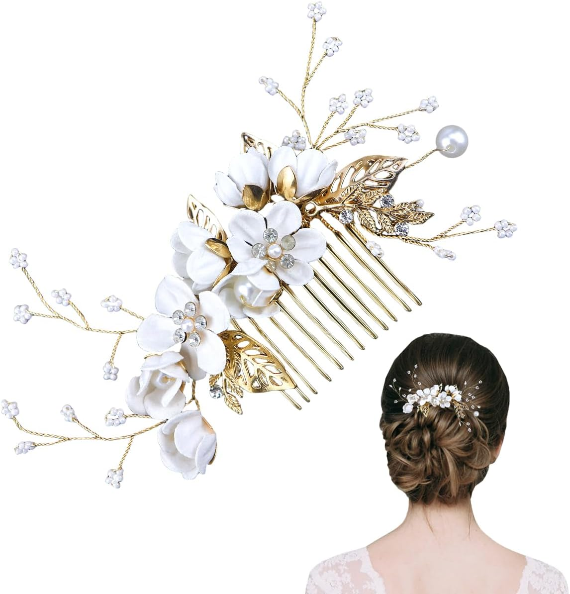 FERCAISH Wedding Hair Comb Flower, Crystal Bridal Hair Accessories, Pearl Leaf Headpiece for Wedding Bride Bridesmaid (White) image number 4