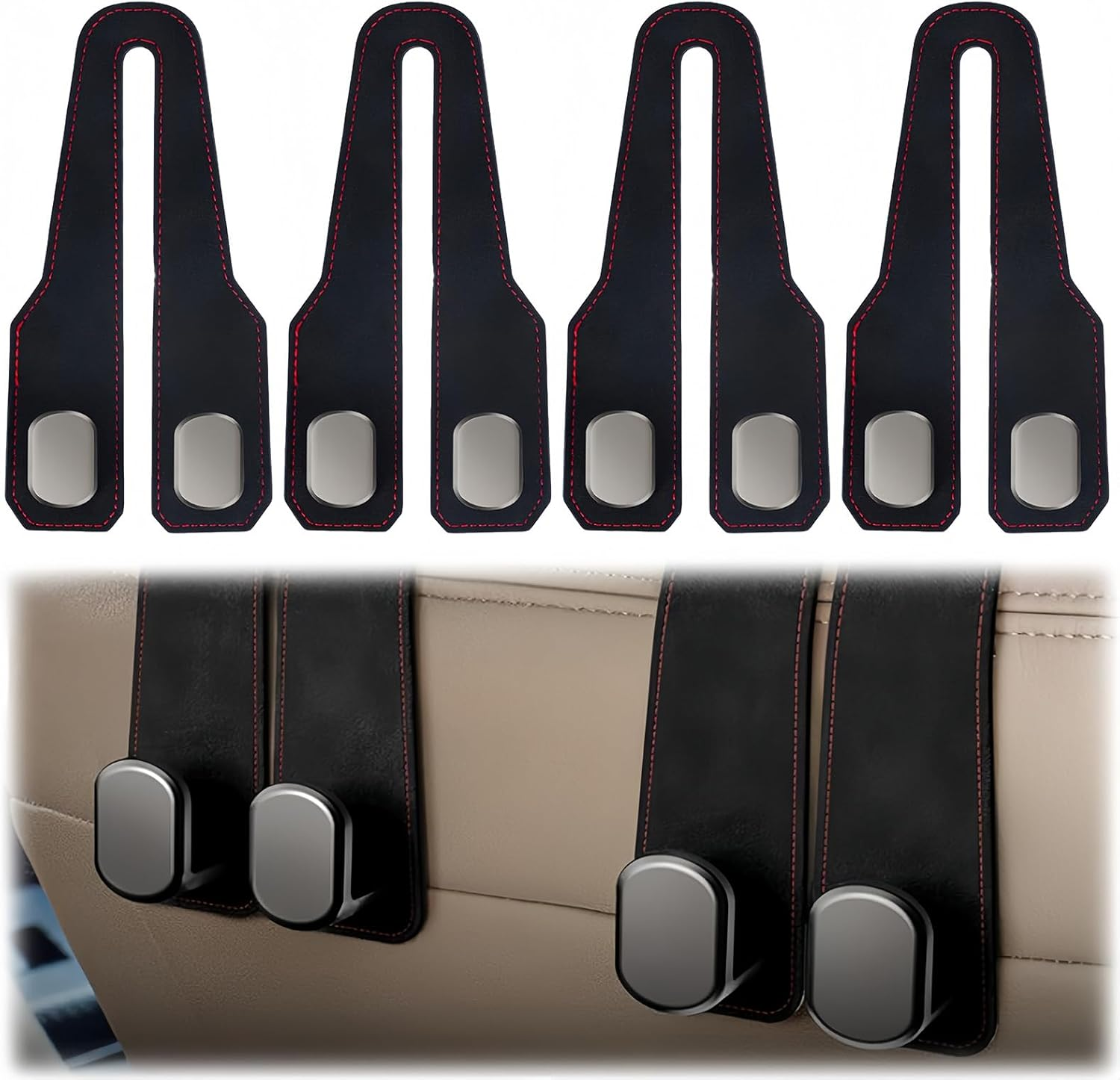 【4-Pack】 Car Seat Headrest Hook - Double Leather Storage Organizers for Handbags, Purses & Mobile Phones | Universal Fit for Cars | Heavy-Duty Metal Hooks | Easy Tool-Free Installation (Black) image number 6