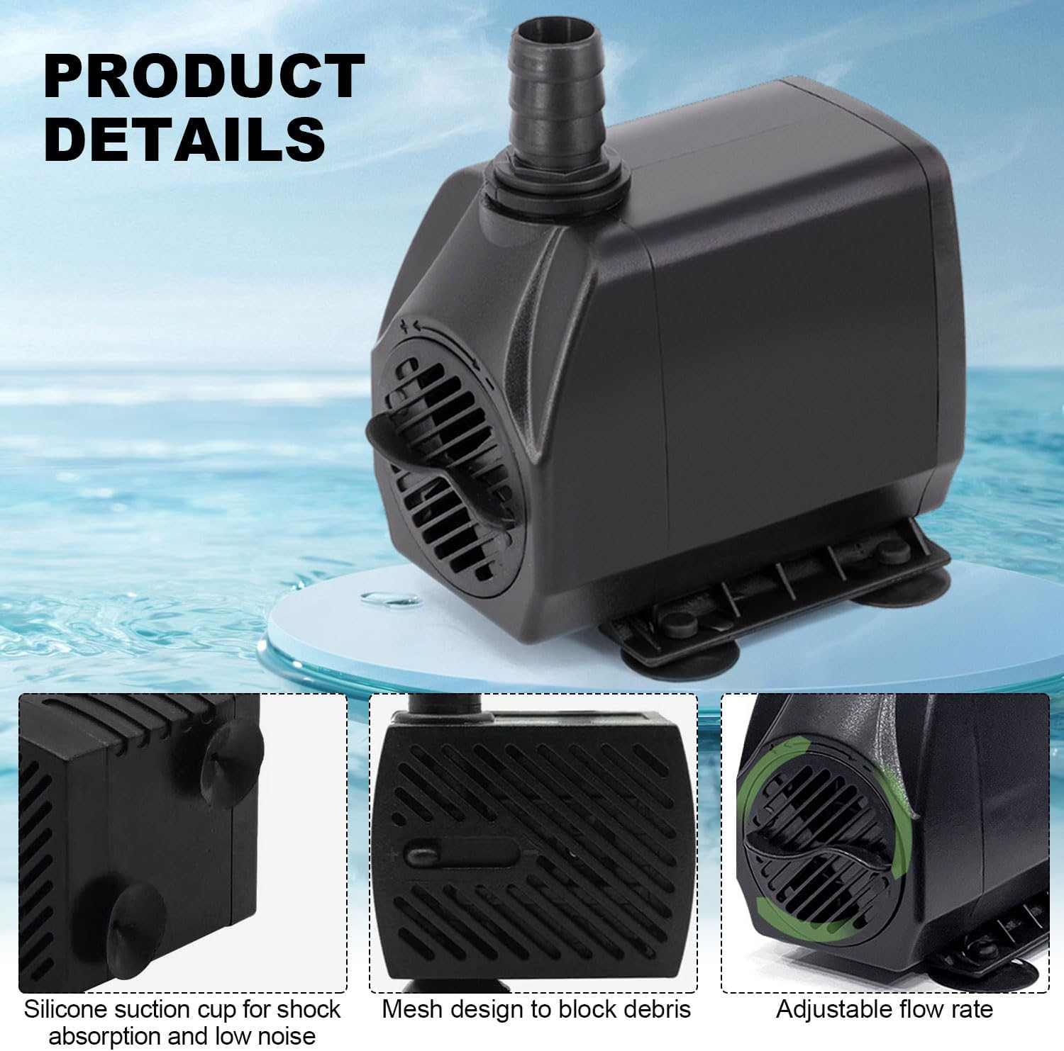 Submersible Pump, 600L/H 10W Quiet Water Pump, Mini Adjustable Water Pump for Gardening, Wigwams, Fish Tanks, Gardens, Fountains, with Two Diameter Nozzles image number 2