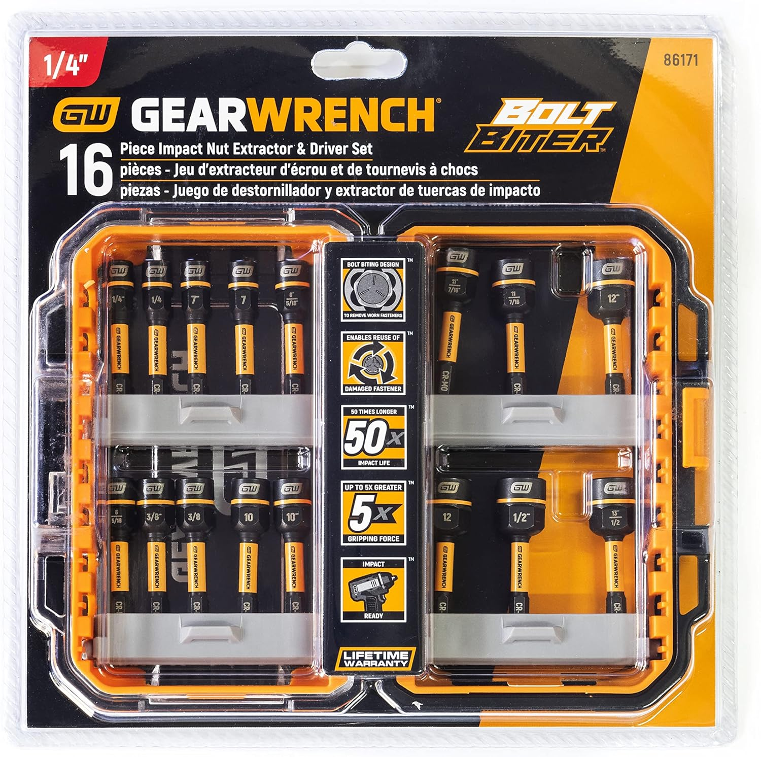 GEARWRENCH 86171-1/4&rdquo; Drive Bolt Biter&trade; Impact Nut Extractor & Driver Set, 16 Pc. image number 1