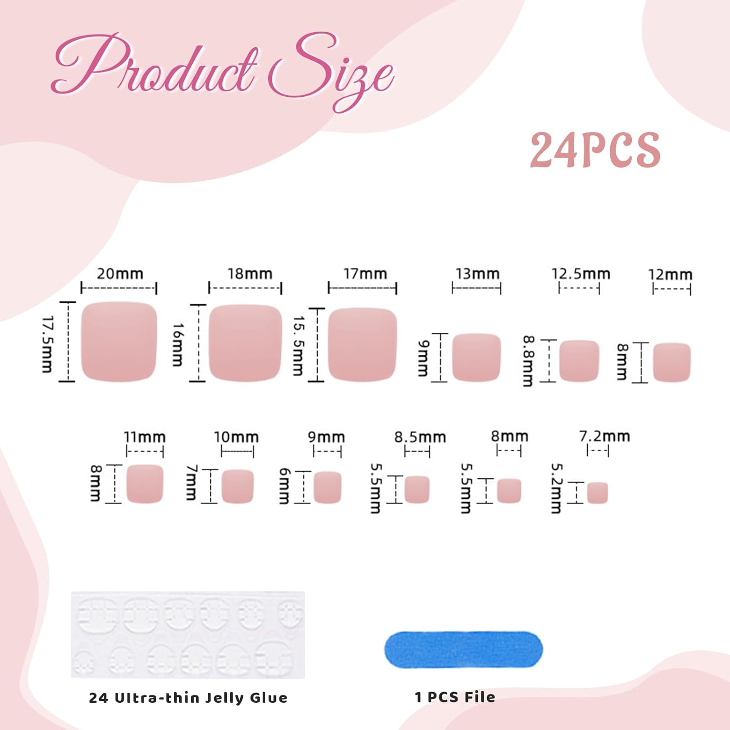 NATOSU 24 Pieces Short Press Toenails Square Fake Toenails Pink White Gradient False Toe Nails with Rhinestone Designs Acrylic Toe Nails image number 6