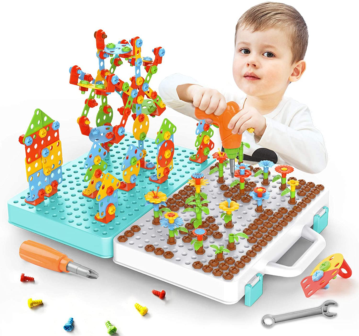 550Pcs Electric DIY Drill STEM Puzzle Toy Set, Creative Mosaic Drill Puzzle Kit, 2D 3D Educational Building Blocks Construction Games Tool Kits, Best Kids Toys for Boys and Girls Age 3-12 Years Old image number 3