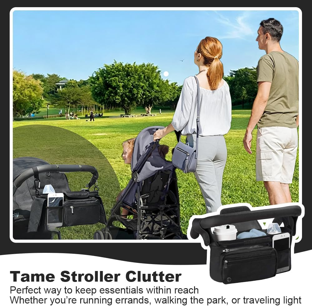 Stroller Storage Bag, Detachable Pram Pouch, Waterproof Hanging Bag, Universal Stroller Organizer with Hooking for Diapers, Bottles, Phone (Black) image number 3