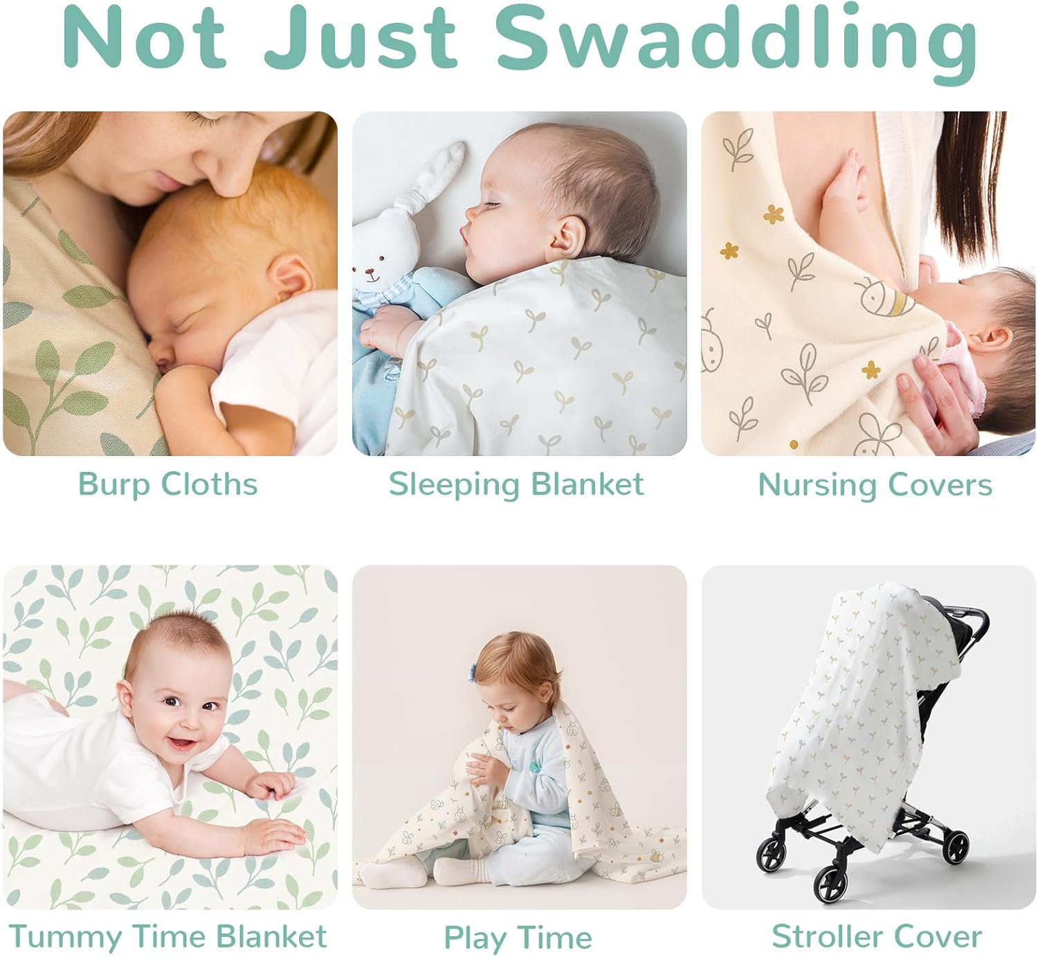 HECCEI Baby Swaddle Blankets, 70% Bamboo 30% Cotton Muslin Swaddle Blanket, Large Breathable Receiving Blankets for Newborn, Boy and Girl Swaddles, Registry & Gift, 47 X 47 Inches (Sprouts) - Aqua Dreams image number 5