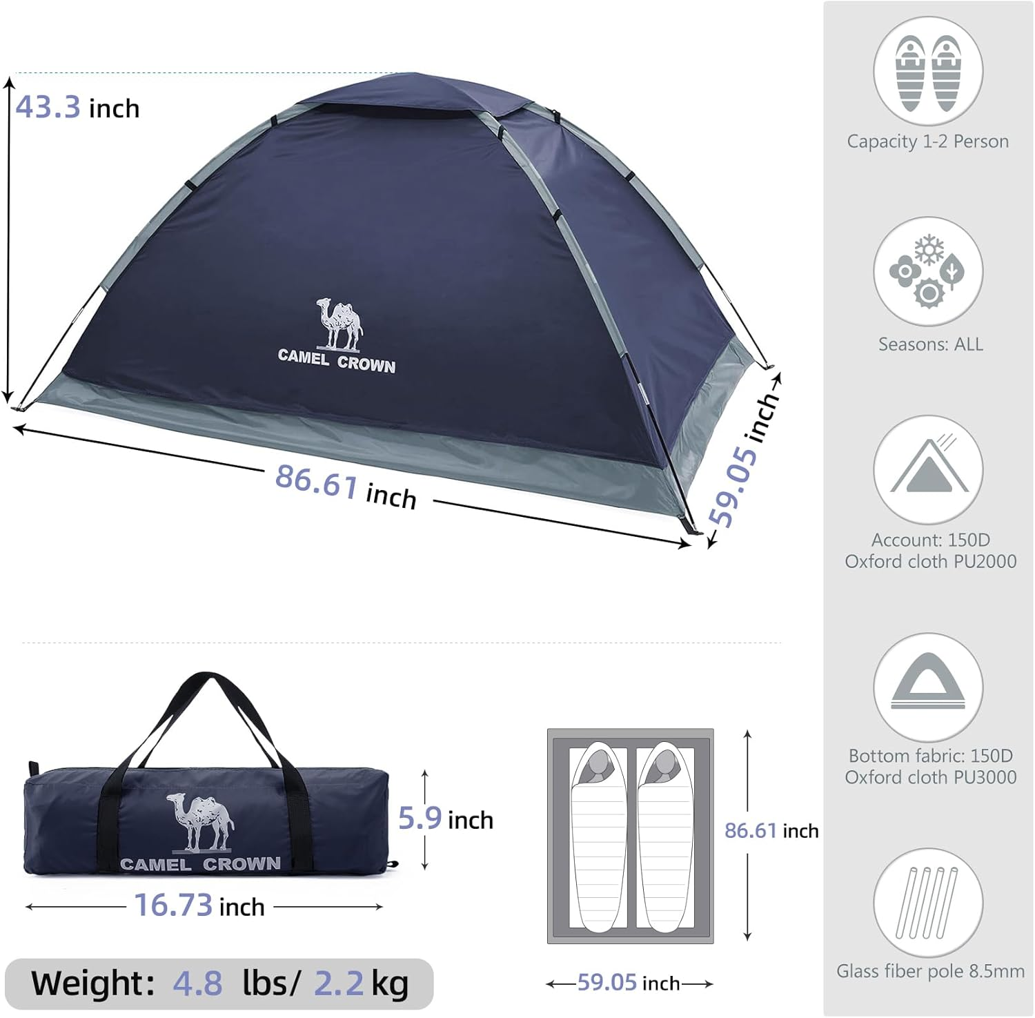 CAMEL CROWN 2/3/4 Person Camping Tent with Removable Rain Fly, Easy Setup Outdoor Tents Water Resistant Lightweight Portable for Family Backpacking Camping Hiking Traveling image number 2