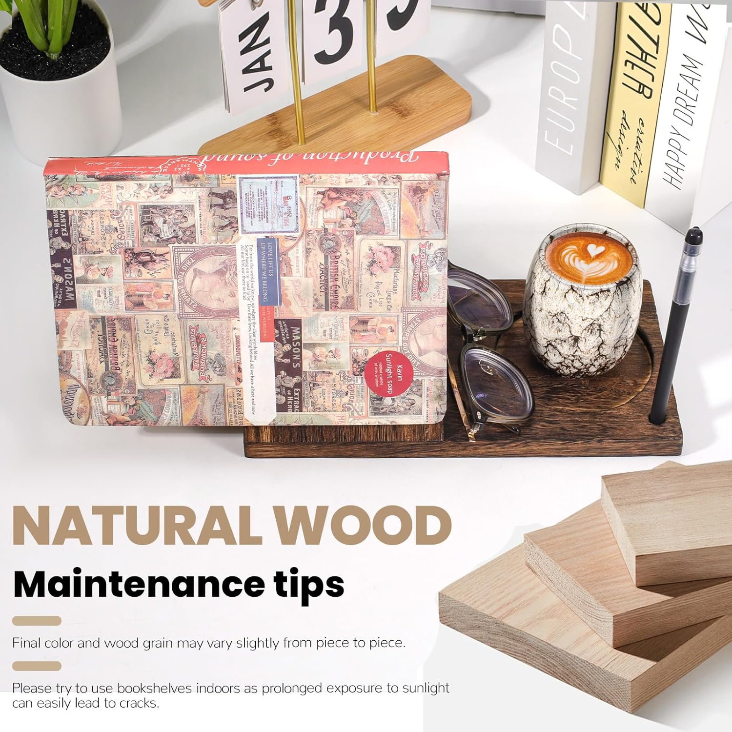 Triangle Wood Book Rest with Cup Holder, Mini Wooden Book Holder Bookcase, Book Stand for Reading, Book Nook Reading Valet for Bedroom Nightstand Office Desk (Brown) image number 2