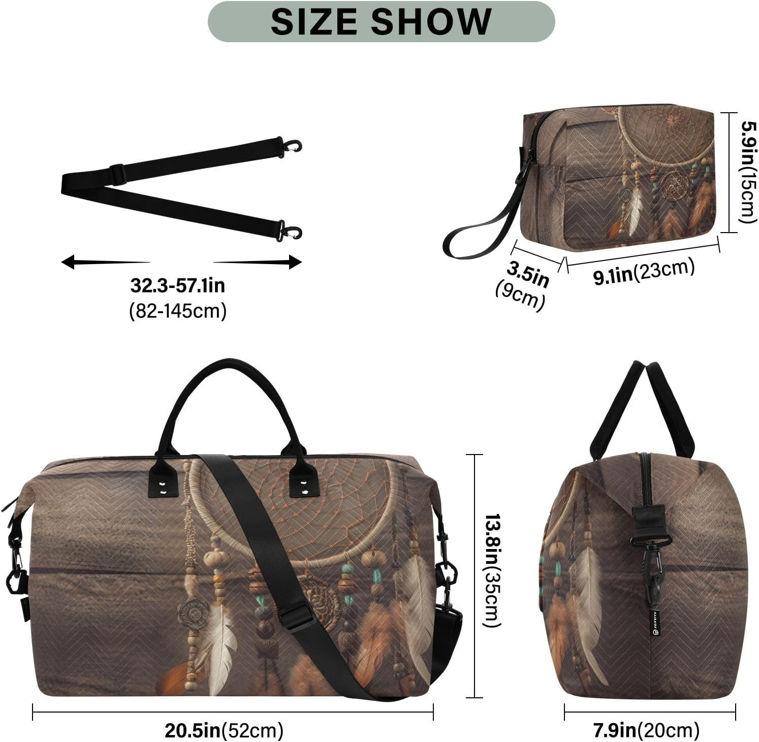 XYMZR Large Travel Duffel Bag, Dreamcatcher Feather Board Sports Tote Gym Bag, Shoulder Weekender Overnight Bag for Women Men, Carry on Luggage with Toiletry Bags, Multi-Colored, Multi-Colored image number 1