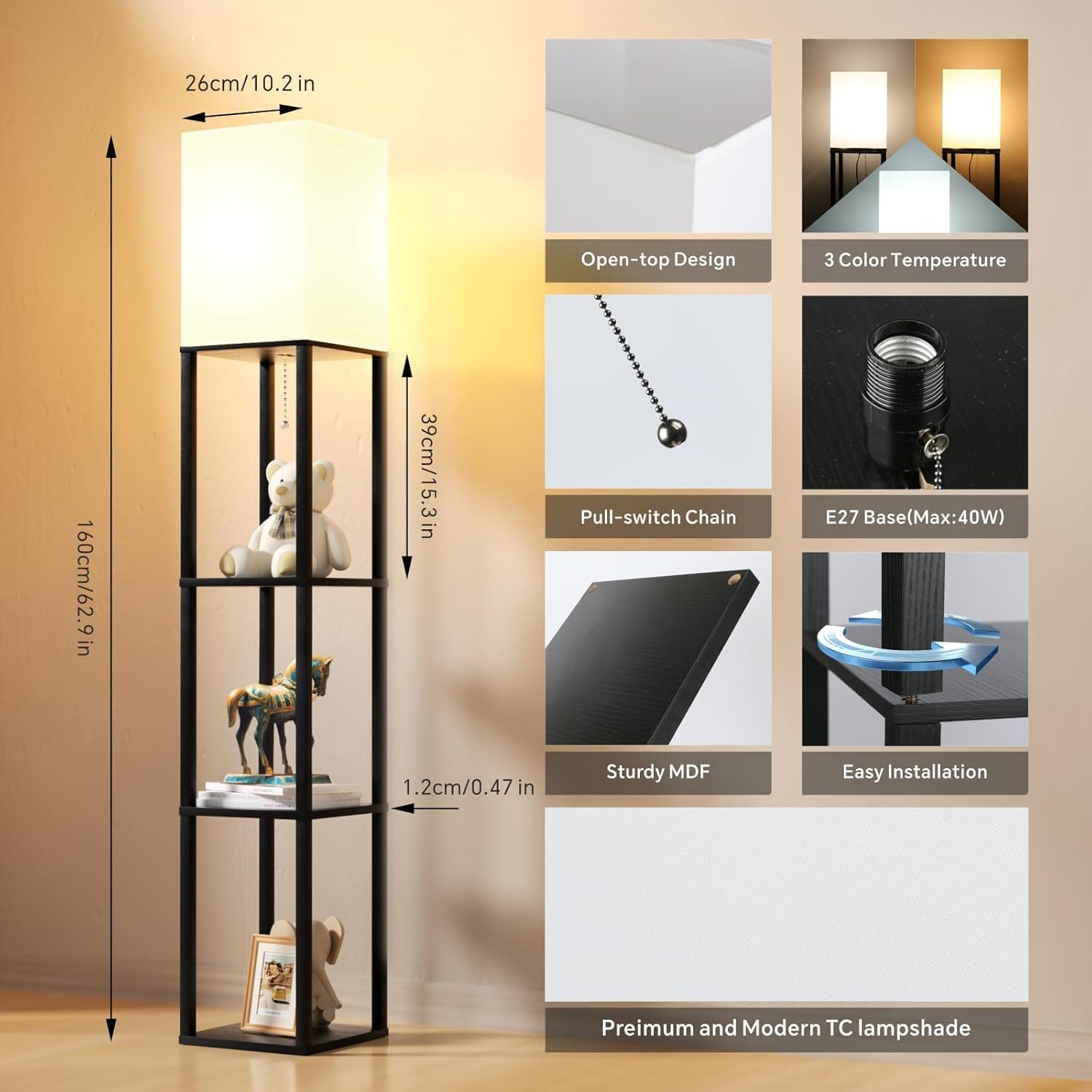 WAMBORY Floor Lamp with Shelves,Modern Square Standing Lamp with 3 Color Temperature Bulb, Corner Display Shelf Floor Lamp with White Linen Shade for Living Room, Bedroom, Office image number 4