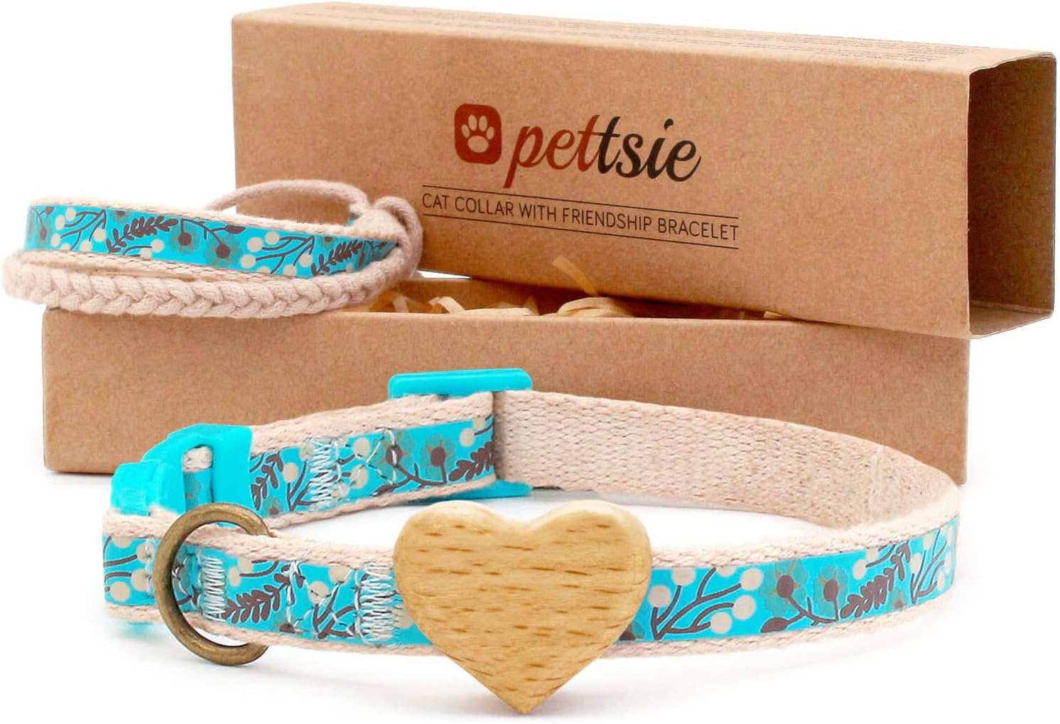 Pettsie Cat Collar Breakaway Safety with Heart and Friendship Bracelet for You, Natural and Soft 100% Cotton for Extra Comfort, Strong and Durable, Easy Adjustable Size 8-11 Inch (Green)
