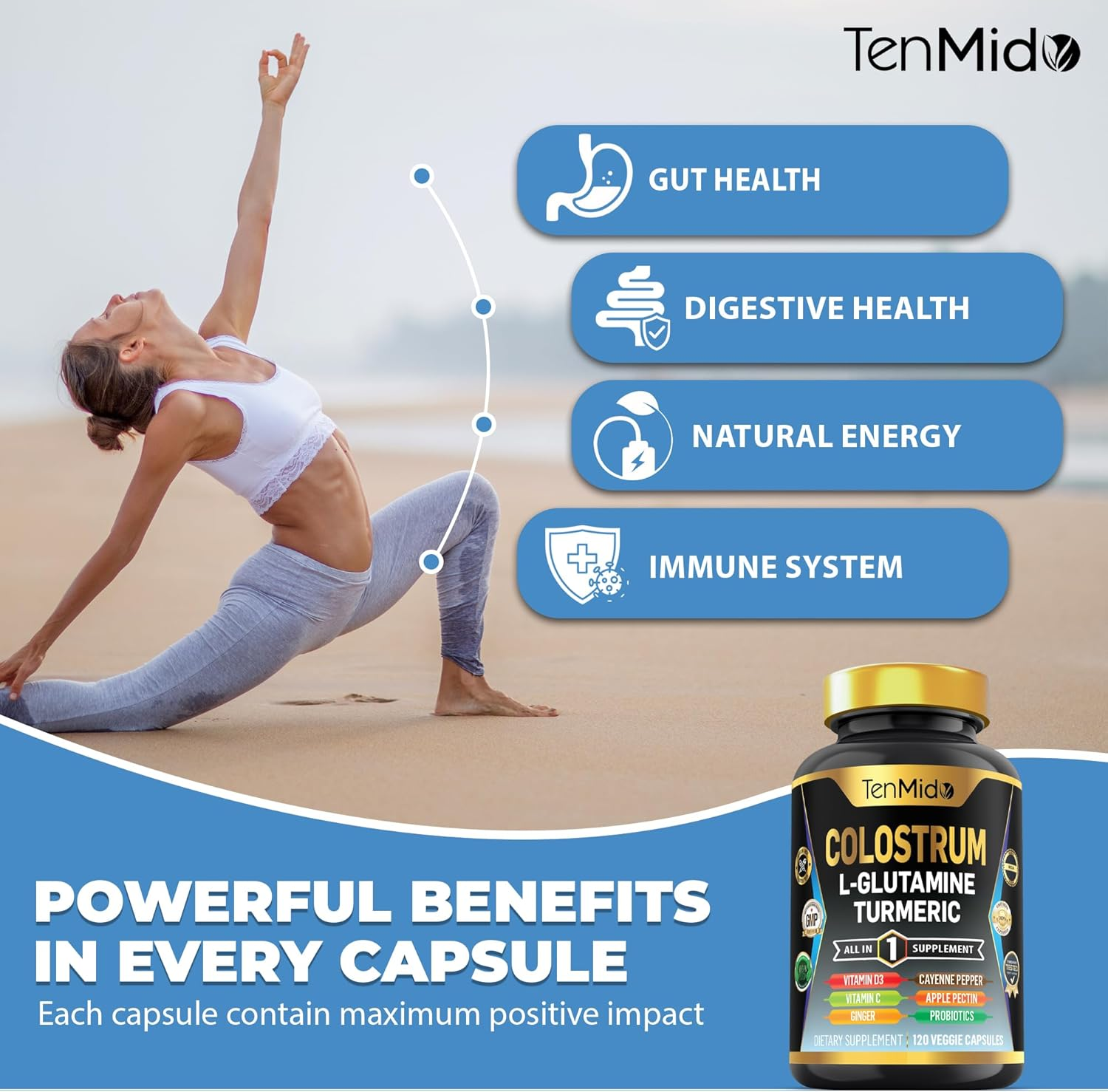 Colostrum Supplement - 10In1 Formula - Combine with L- Glutamine, Turmeric, Cayenne Pepper, Apple Pectin, Probiotics, Ginger, and More - Digestive Health, Immune Support - 120 Capsules