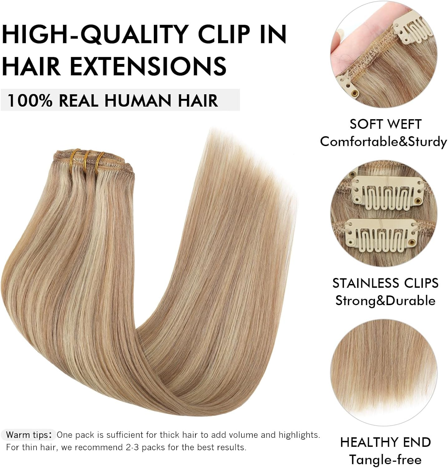 Sixstarhair Clip in Hair Extensions Real Human Hair Blonde Highlights Clip in Extensions Dark Blonde Mix Light Blonde Hair Extensions Human Hair 16 Inch 120G 8 Pcs image number 2