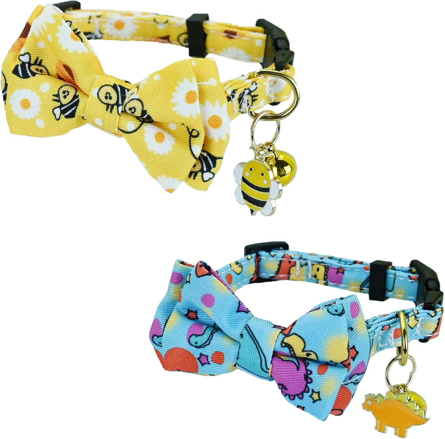 Newtensina Fashion 2 Pieces Cute Bee Dinosaurs Pattern Cat Collar with Bee Dinosaurs Pendant for Cats - Yellowblue image number 3