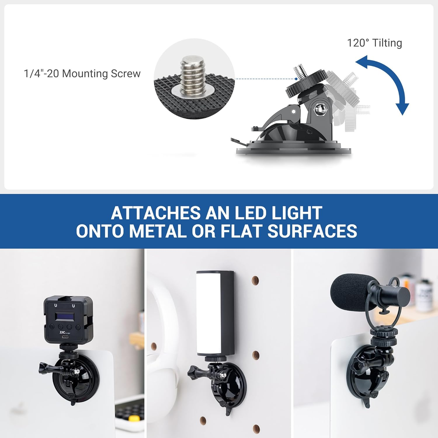 JJC Suction Cup Mount with 1/4"-20 Screw, Strong Stable Suction Cup Base for LED Light, Microphone, Gopro, DJI Action Camera Insta360 Car Mount
