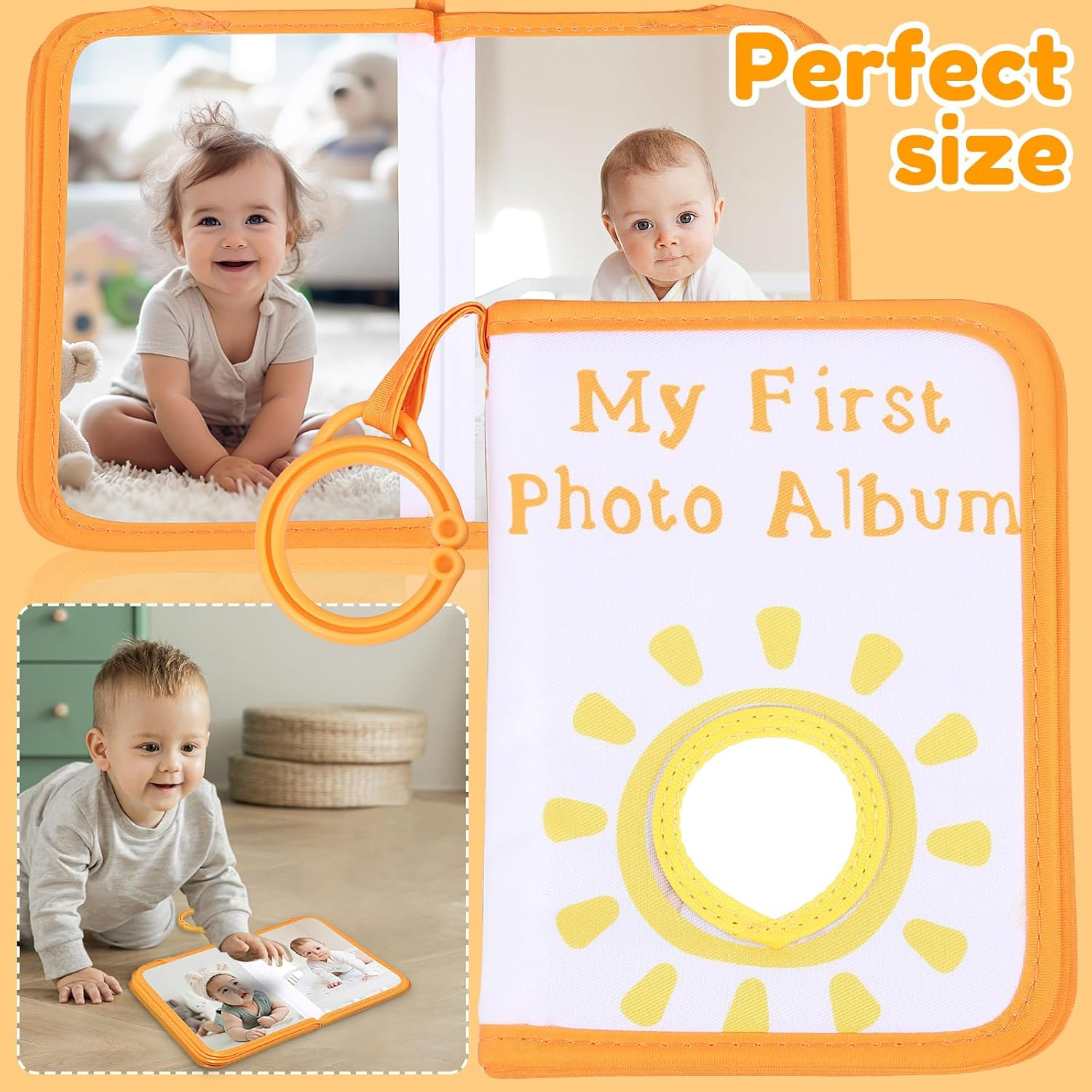 Baby Memory Album Book with Mirror, Safe Soft Cloth Baby Photo Album, Newborns First Family Memory Book Holds 17 Pictures for Kids Newborn Toddlers (A) image number 2