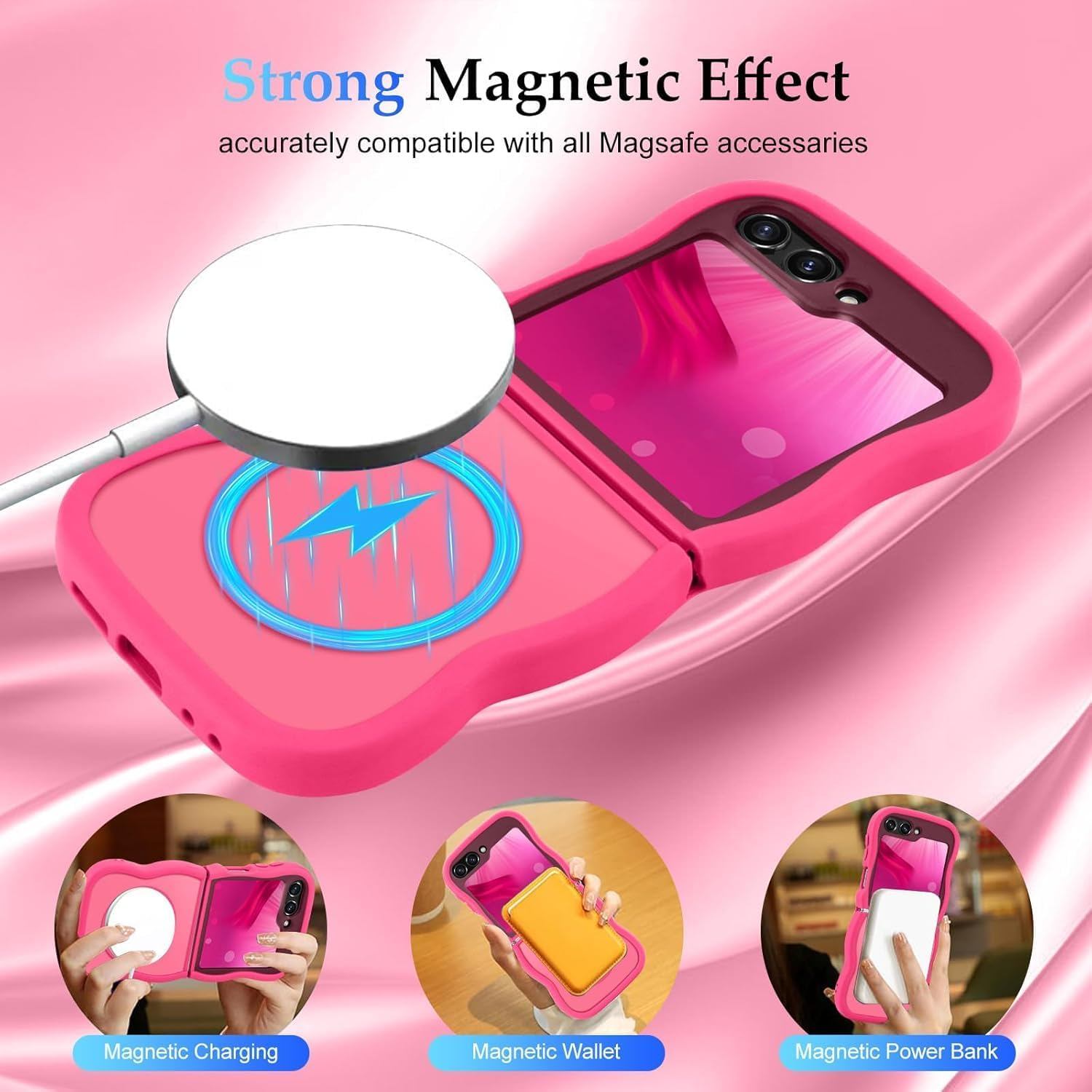 ELEPIK Stronger Magnetic for Samsung Galaxy Z Flip 7 Case, [Non-Slip Grip] [Upgrade Strong Magnetic] Slim Protective Matte Silicone with Curly Wave Edges, Translucent Back, Hotpink