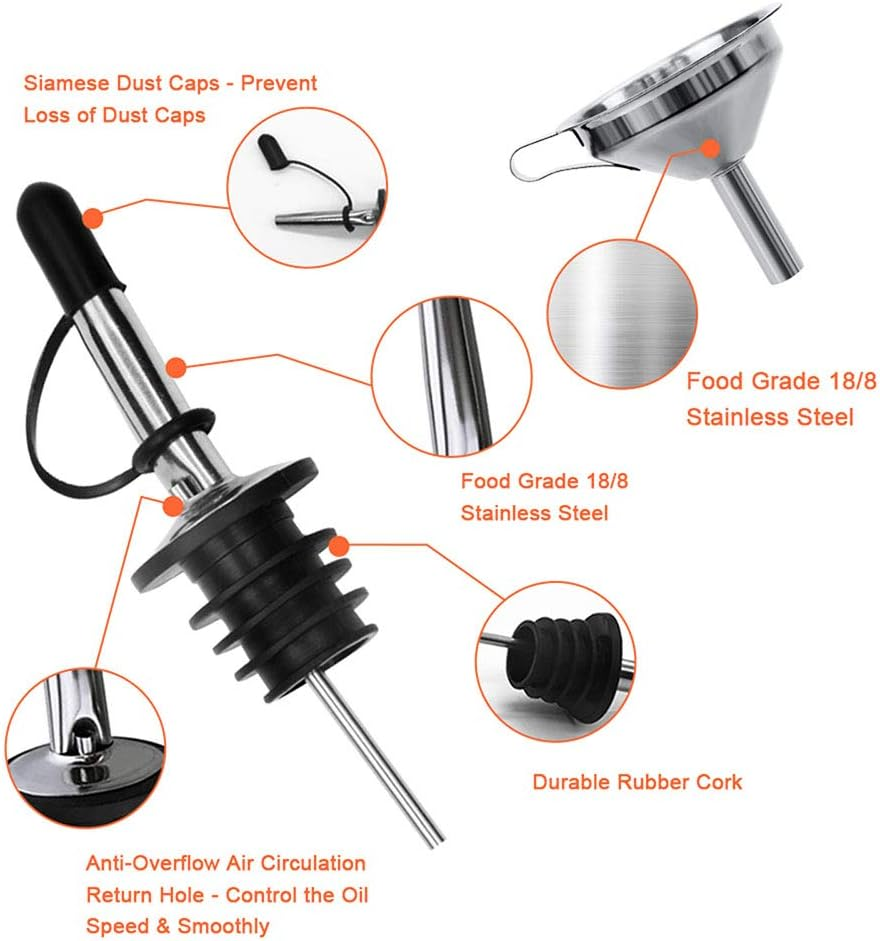 4PCS Olive Oil Spouts, Stainless Steel Classic Bottle Pourers Tapered Spout, Suitable for about 3/4" Bottle Mouth, Olive Oil Dispenser with Dust Caps, Funnels and Cleaning Brush image number 6