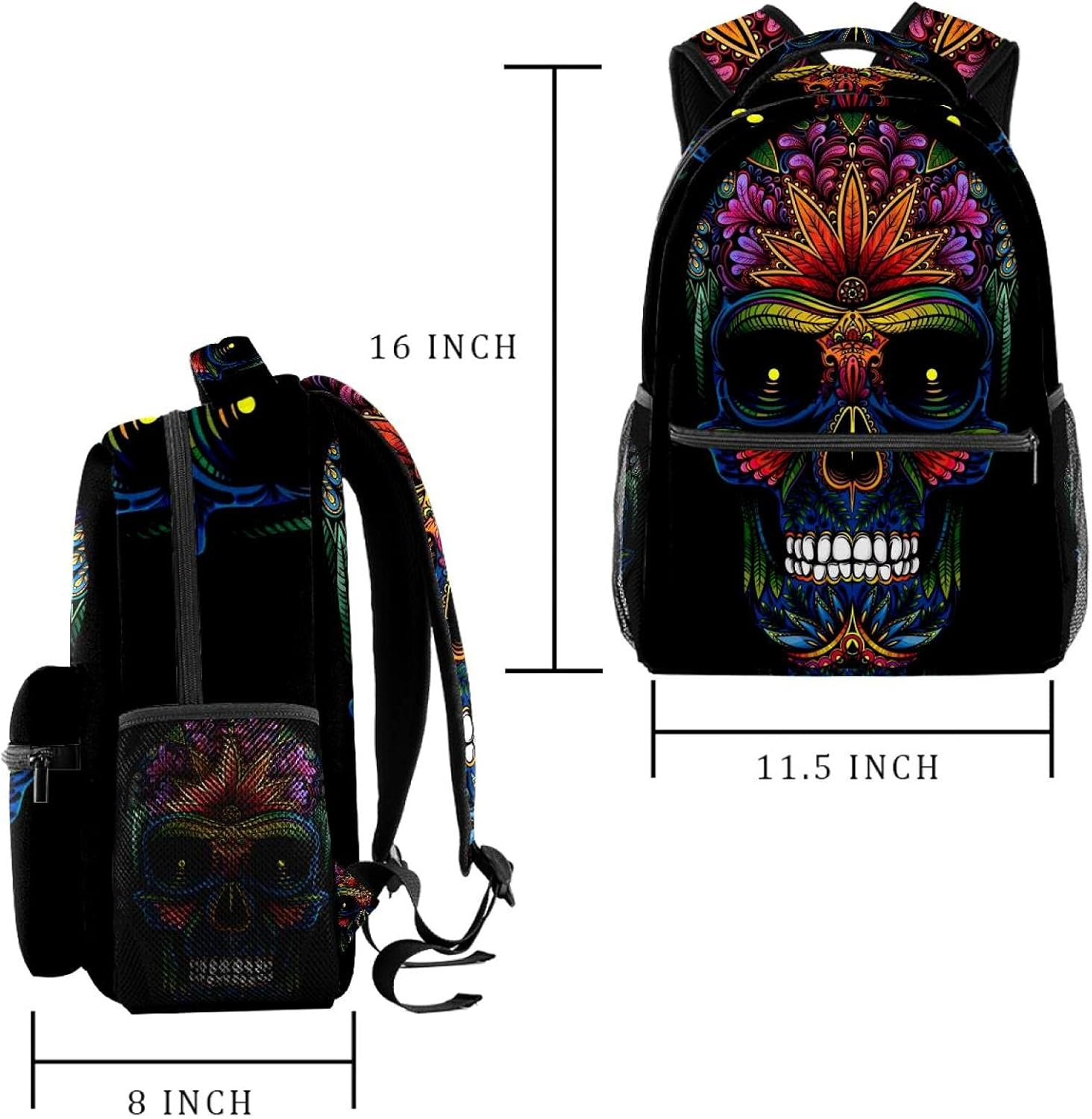 Floral Skull on Black Background Backpack Students Shoulder Bags Travel Bag College School Tote Backpacks image number 3