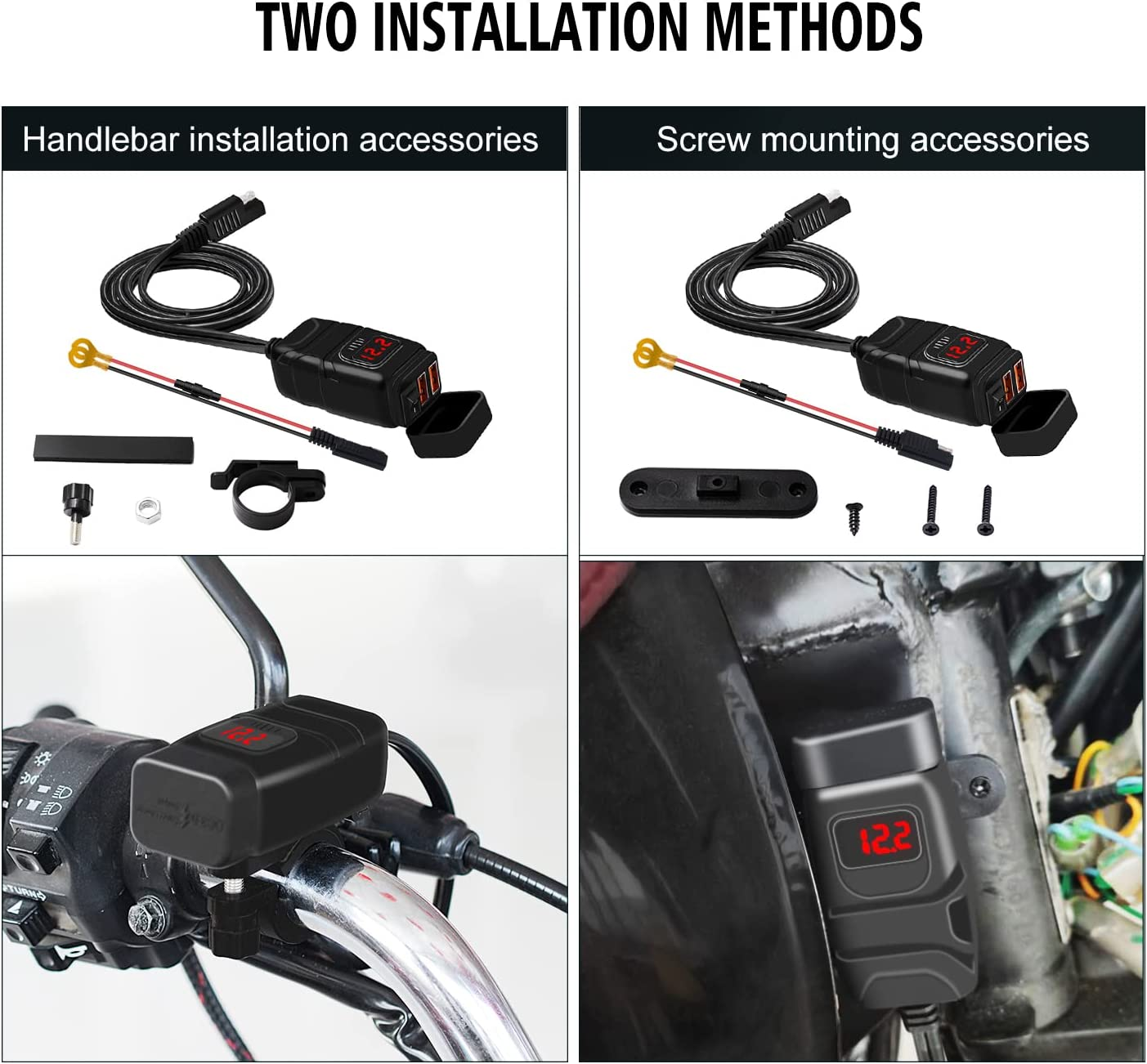 QC 3.0 Quick Charge 12V USB Socket, Motorcycle USB Charger with 6-30V LED Voltmeter, Waterproof Motorbike Phone Charger for Motorbike/Car/Boat/Campervan/Caravan image number 4