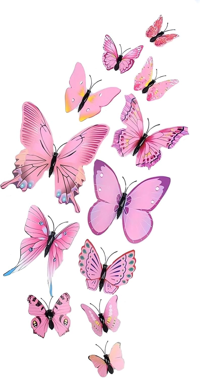 Tongke 3D Blue Butterfly Wall Decals, 12 Pieces, Decorative Adhesive Art Stickers (Rose Red)