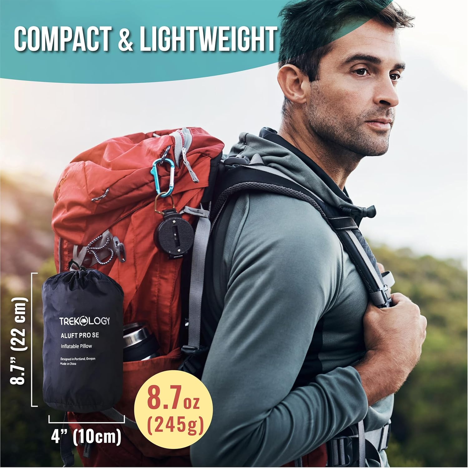 TREKOLOGY Premium Inflatable Camping Pillow with Removable Foam-Padded Case, Noise-Reducing Camp Pillow, Ergonomic Inflatable Pillow for Camping, Hiking, Backpacking, and Air Travel, ALUFT Pro SE image number 1