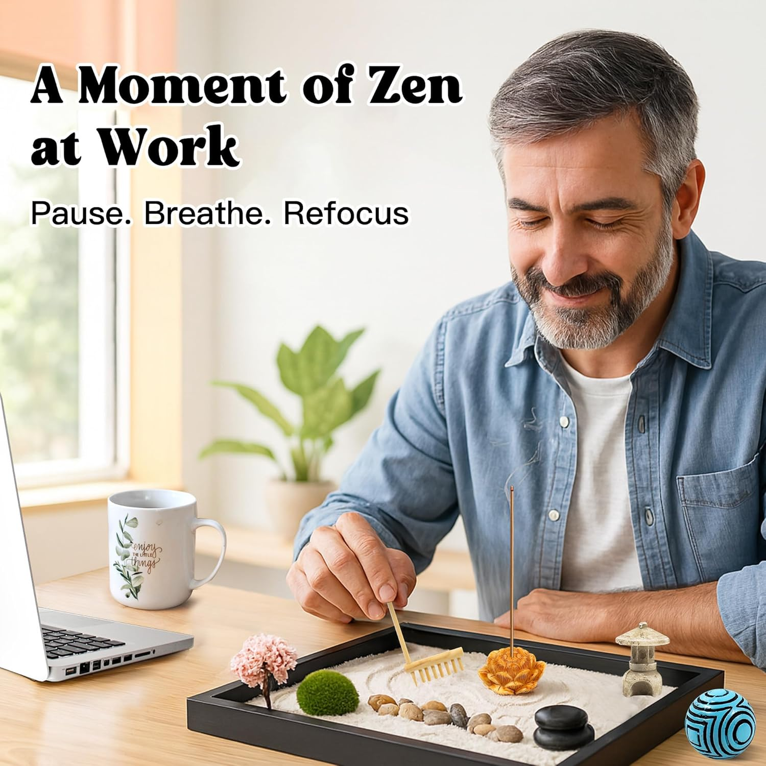 Zen Garden Kit for Desk Decor &ndash; Japanese Mini Zen Sand Garden with 10+ Tools & Accessories, Bamboo Rakes, Torii Gate, Incense Holder & Gift Box &ndash; Stress Relief Desk Ornament for Home & Office image number 5