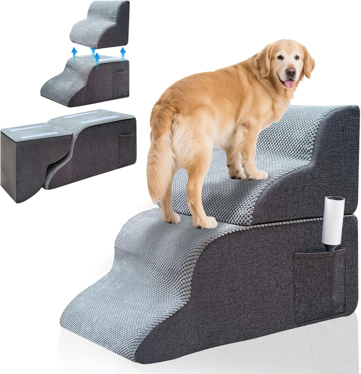 Yazoni 2 Pieces Dog Stairs Set - 4 Step 56Cm Height Detachable Doggy Stairs for Old Cats, High Density Foam Curved Cat Ramp, Non-Slip Balanced Pet Step Indoor, Dog Bed Stairs for High Beds and Couch