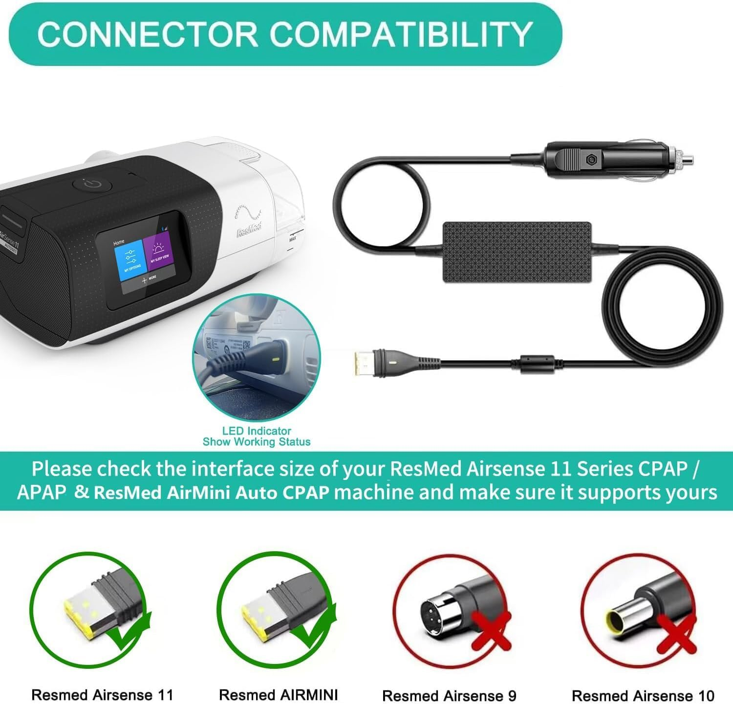 Resmed Airsense 11 DC Converter, HKY DC Adapter 12V-24V Car Charger for Resmed Airsense 11 Supplies 65W Resmed Airsense 11 Autoset Elite CPAP Air11 39205 E1399 CPAP Machines Power Supply Car Charging