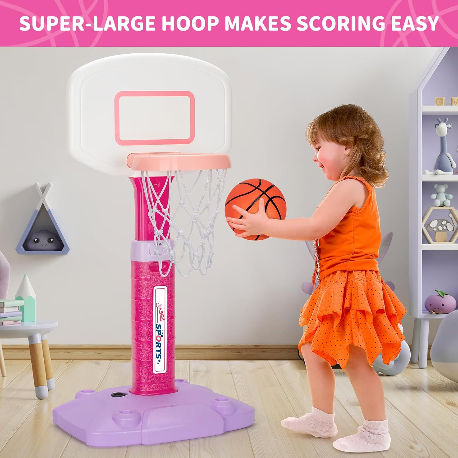 Toddler Basketball Hoop Indoor for Age 1-3, Adjustable Kids Basketball Hoop, Pink Mini Basketball Hoop with 3 Balls for Outdoor Poolside, Birthday Christmas Sport Toys for Baby Boys Girls 2 3 4 5 image number 1