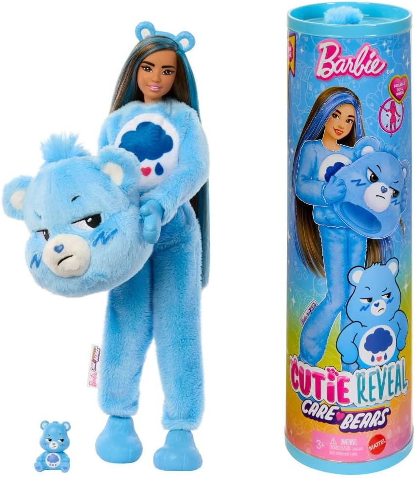 Barbie Cutie Reveal Care Bears Series Doll & Accessories Set with Grumpy Bear Plush Costume & 10 Surprises Including Color Change & Mini Bear image number 1