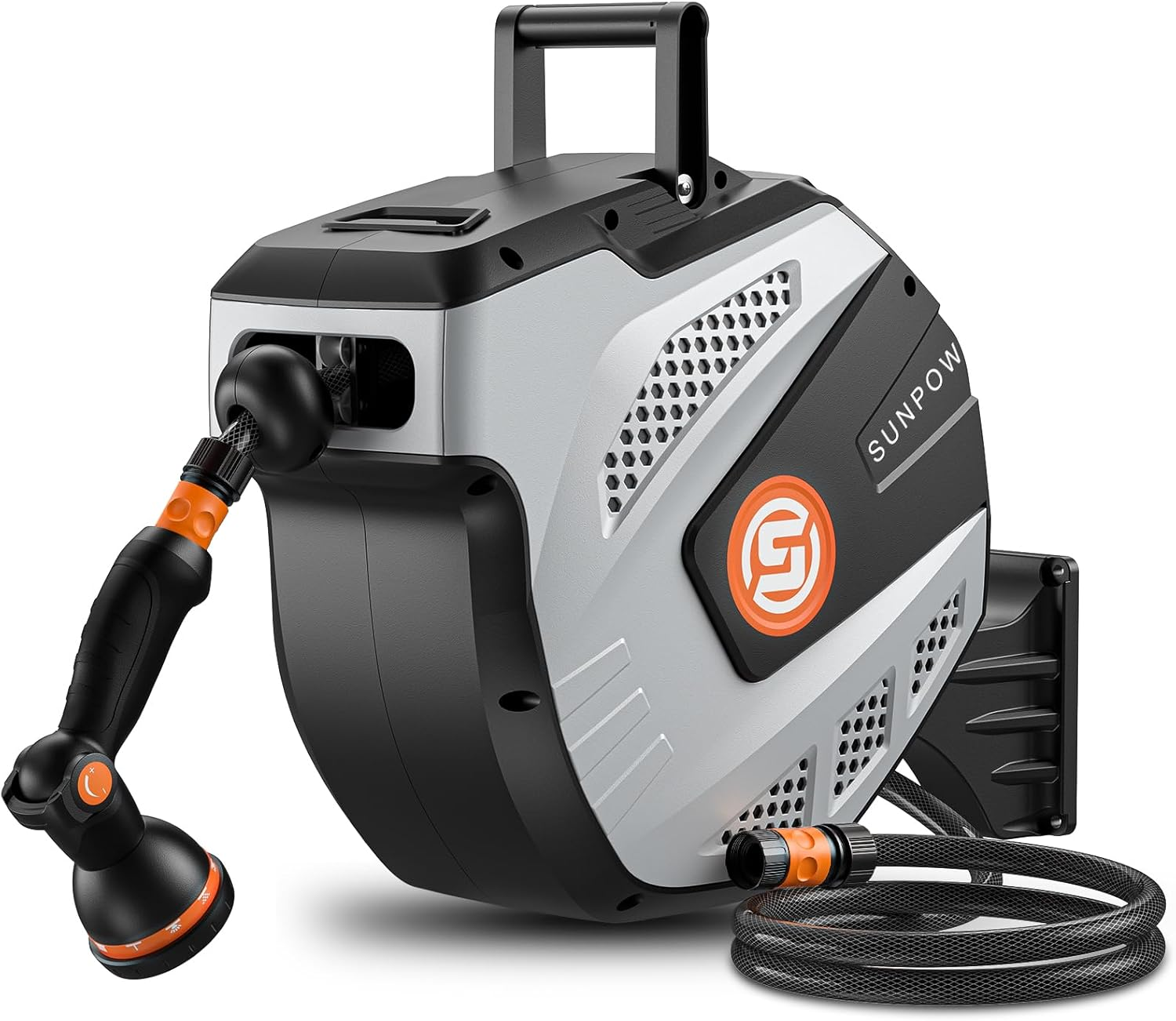SUNPOW Retractable Garden Hose Reel - 25M Wall Mounted Hose Reel, 10 Function Sprayer Nozzle - Any Length Lock, Auto Rewind System, 180&deg;Swivel Bracket- Grey