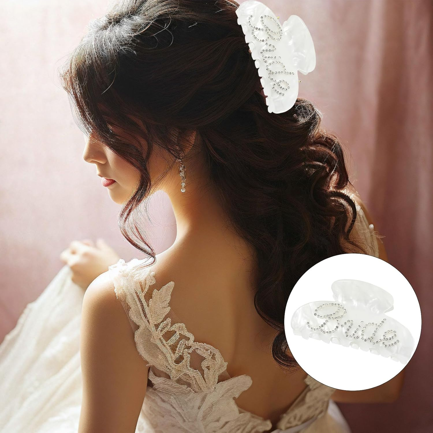 Bride Claw Hair Clip,​ Bride White Acrylic Hair Clips with Rhinestone Logo, Bachelorette Party Wedding Birthday Banana Barrettes Hair Decorations for Girl, Trendy Bridal Claws(White) - Pink image number 5